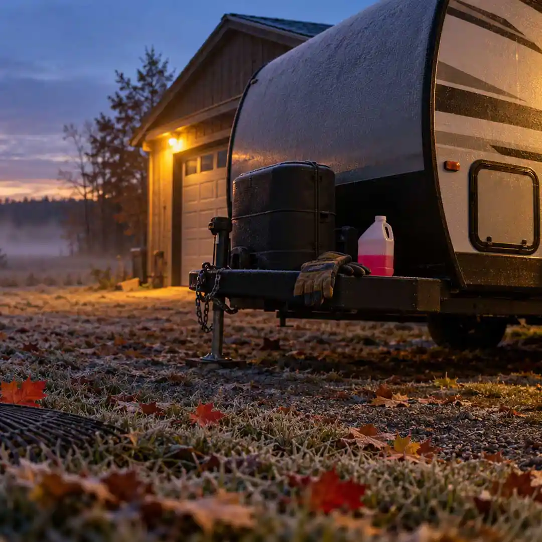 Frosty fall morning with an RV.