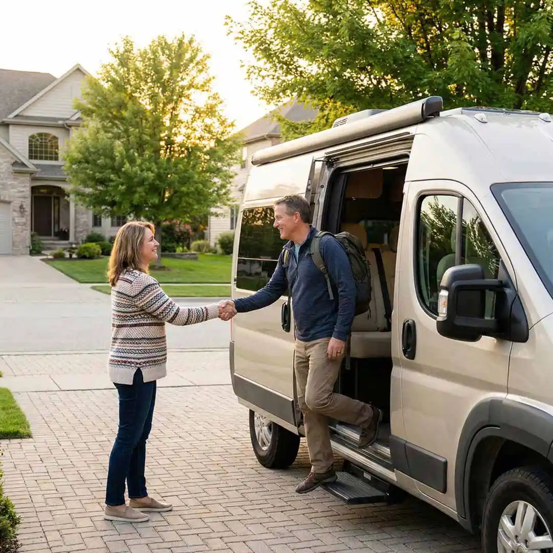 Host greeting a guest at their site. 