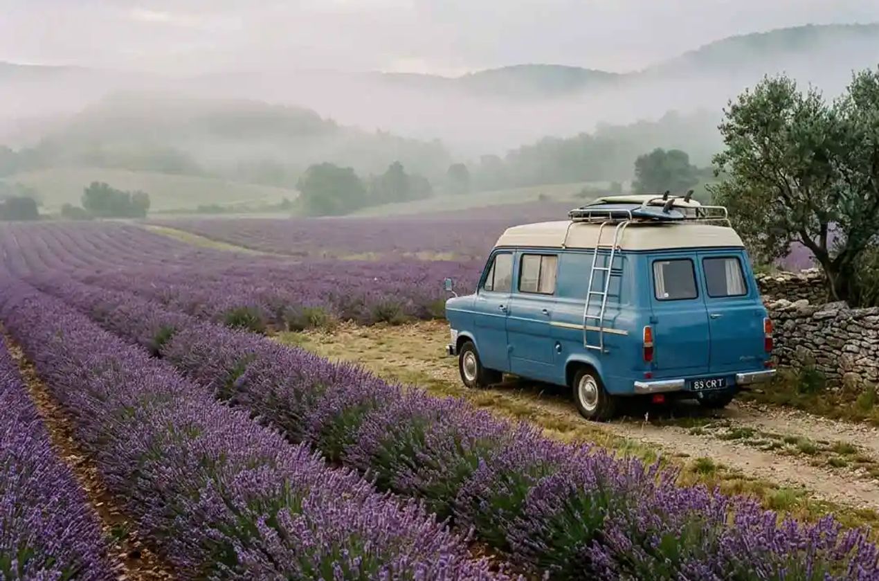 Blue vintage RV at a lavender farm in California.