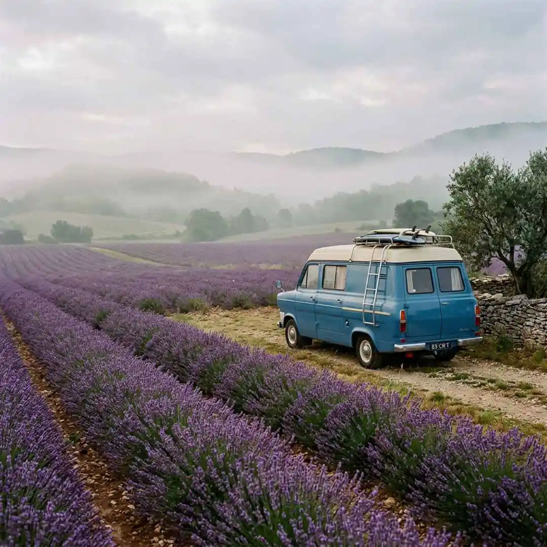 Blue vintage RV at a lavender farm in California.