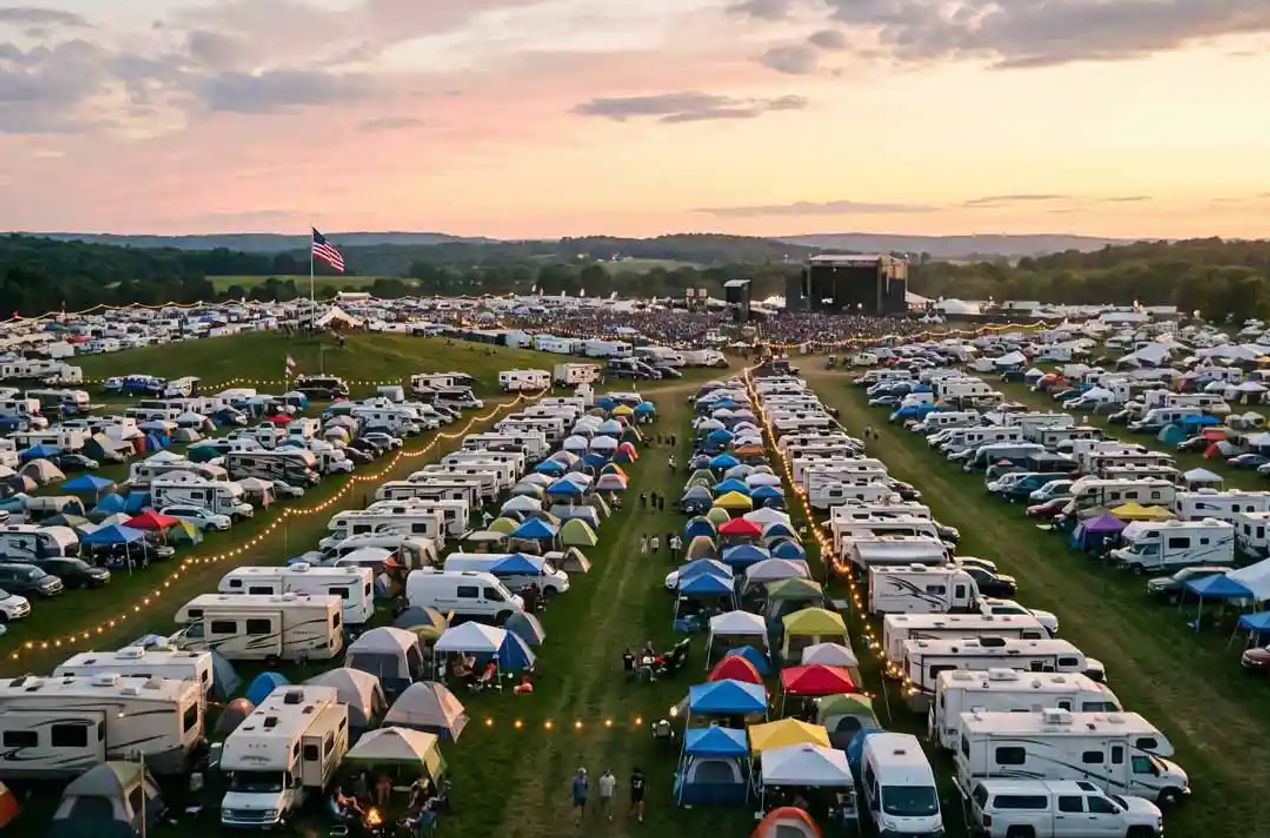 RVs parked at a three day concert festival.