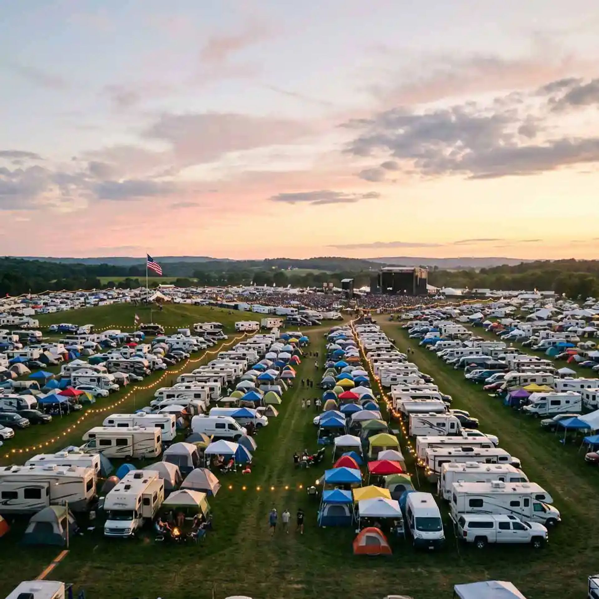 RVs parked at a three day concert festival.
