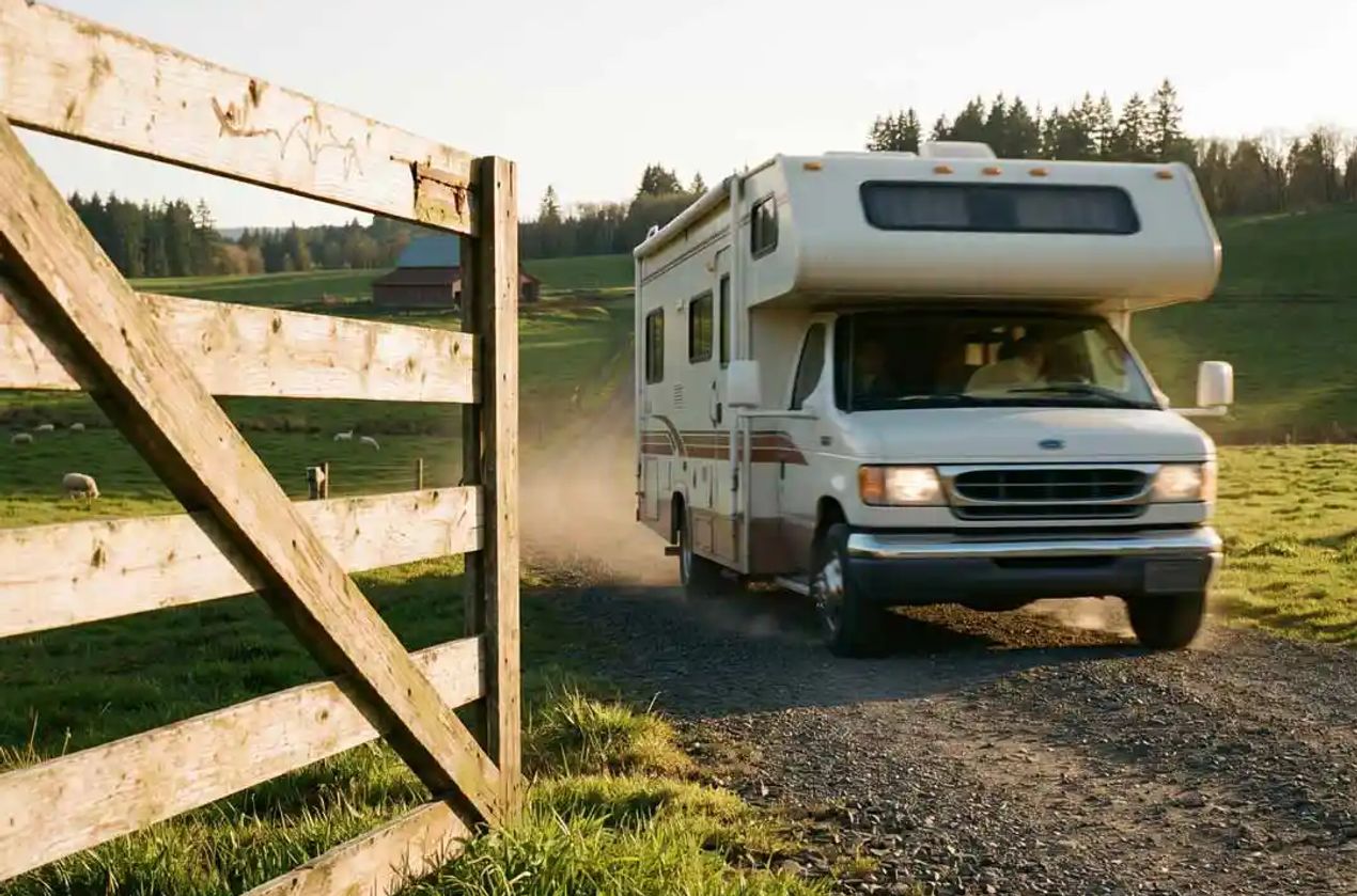 Class C RV heading to a farm location.