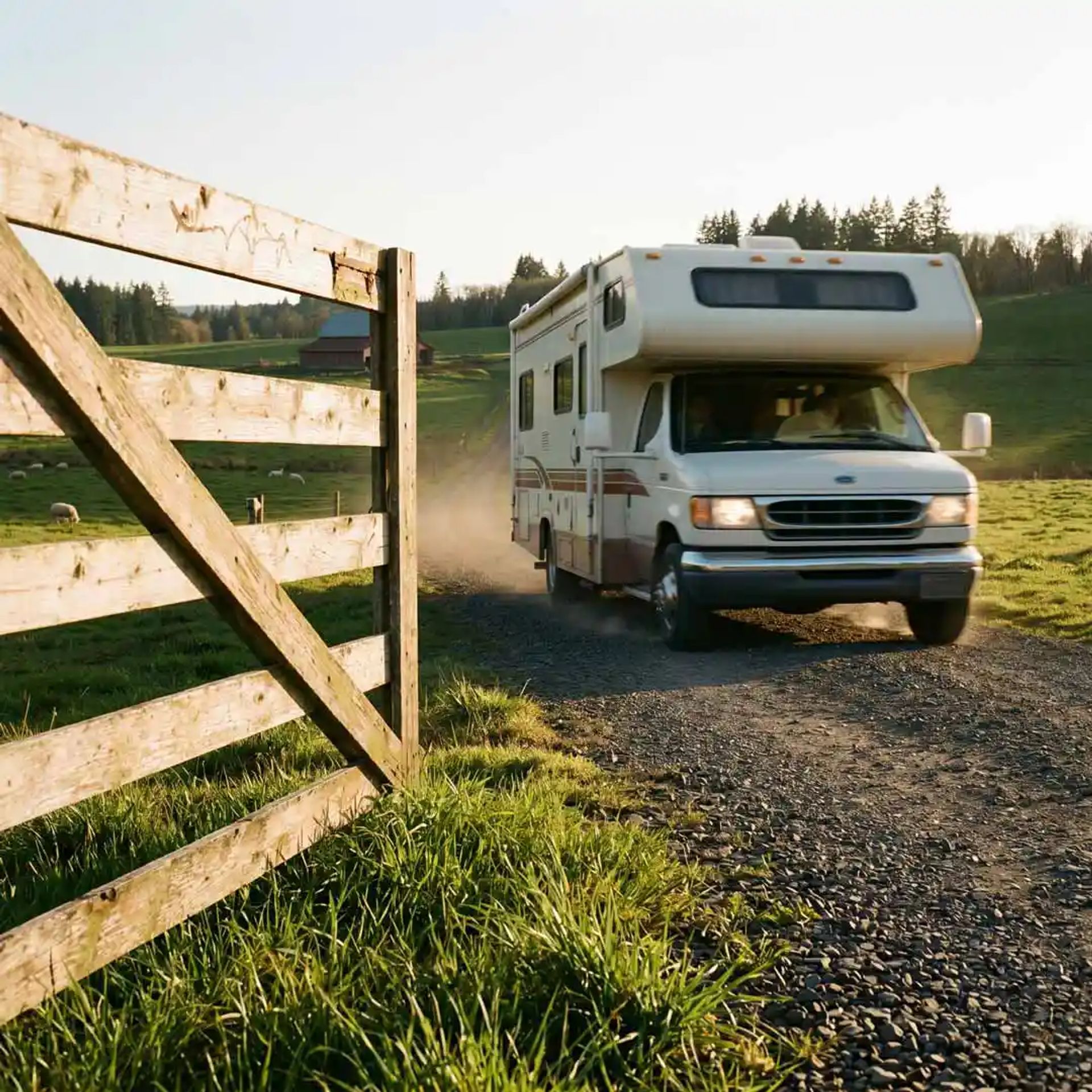 Class C RV heading to a farm location. 