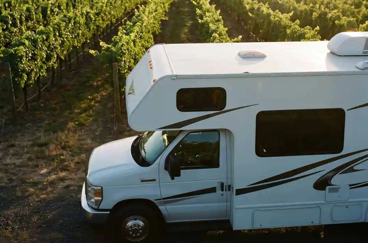 A Class B parked in a vineyard.