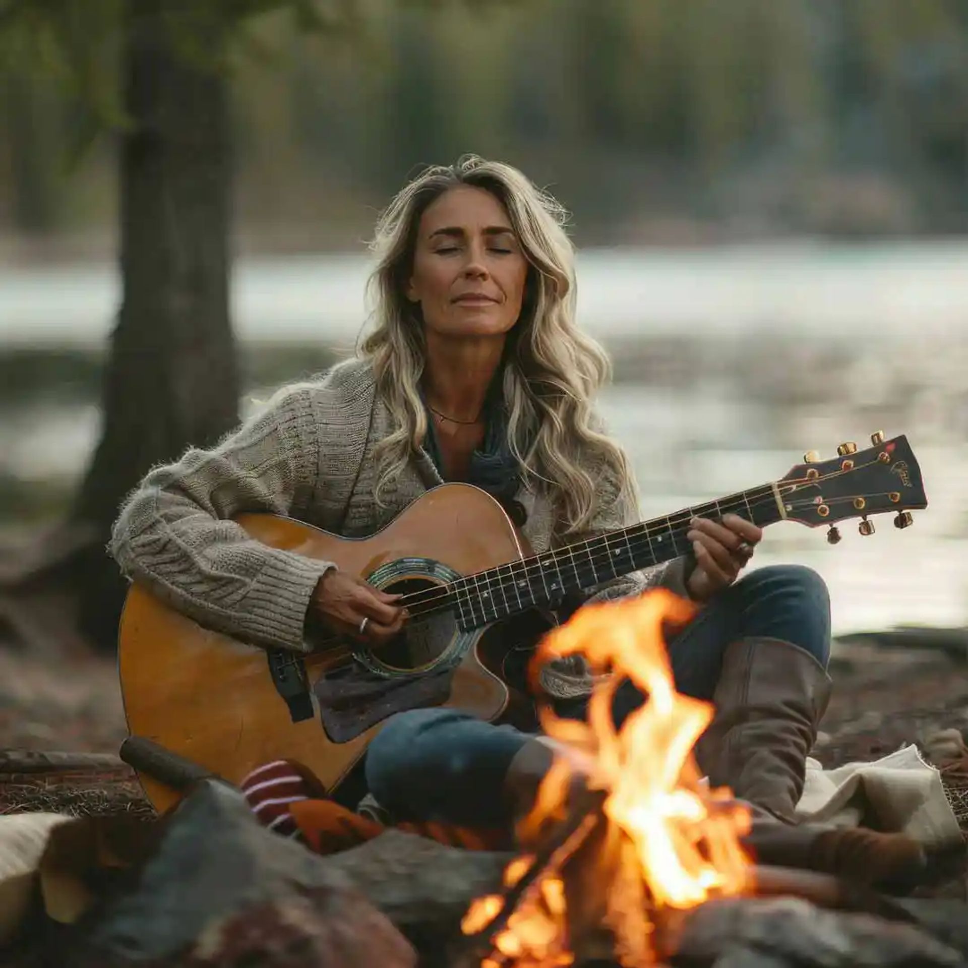Female playing guitar near campfire