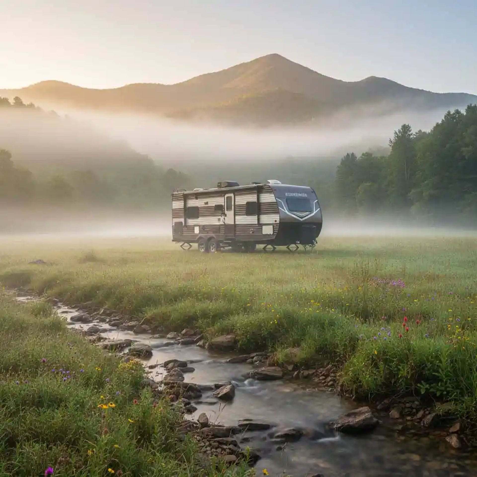 RV parked in a pasture in the the Smoky Mountain