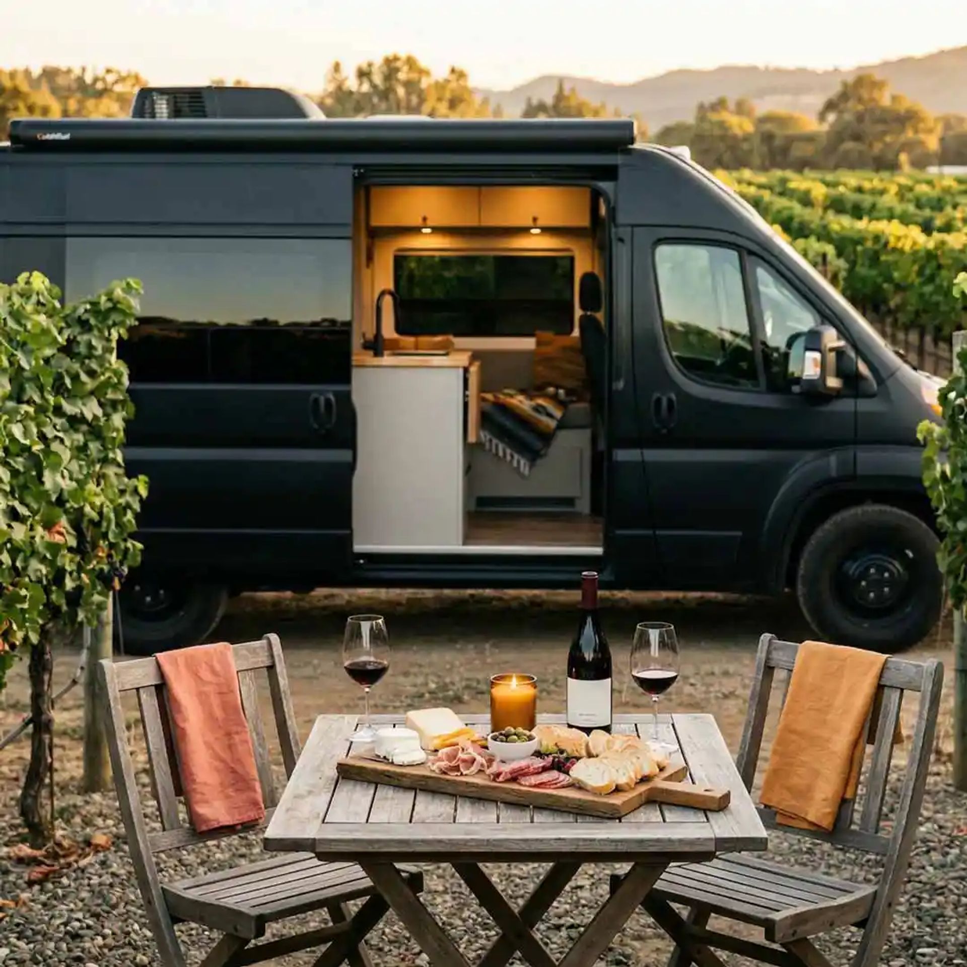 Meal set out in front of a class b RV