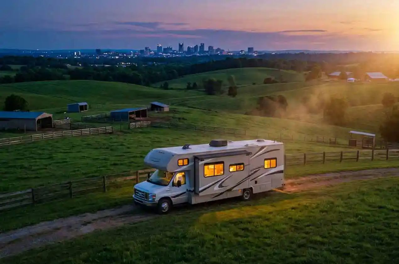 Campfire in the night sky with RV in the background