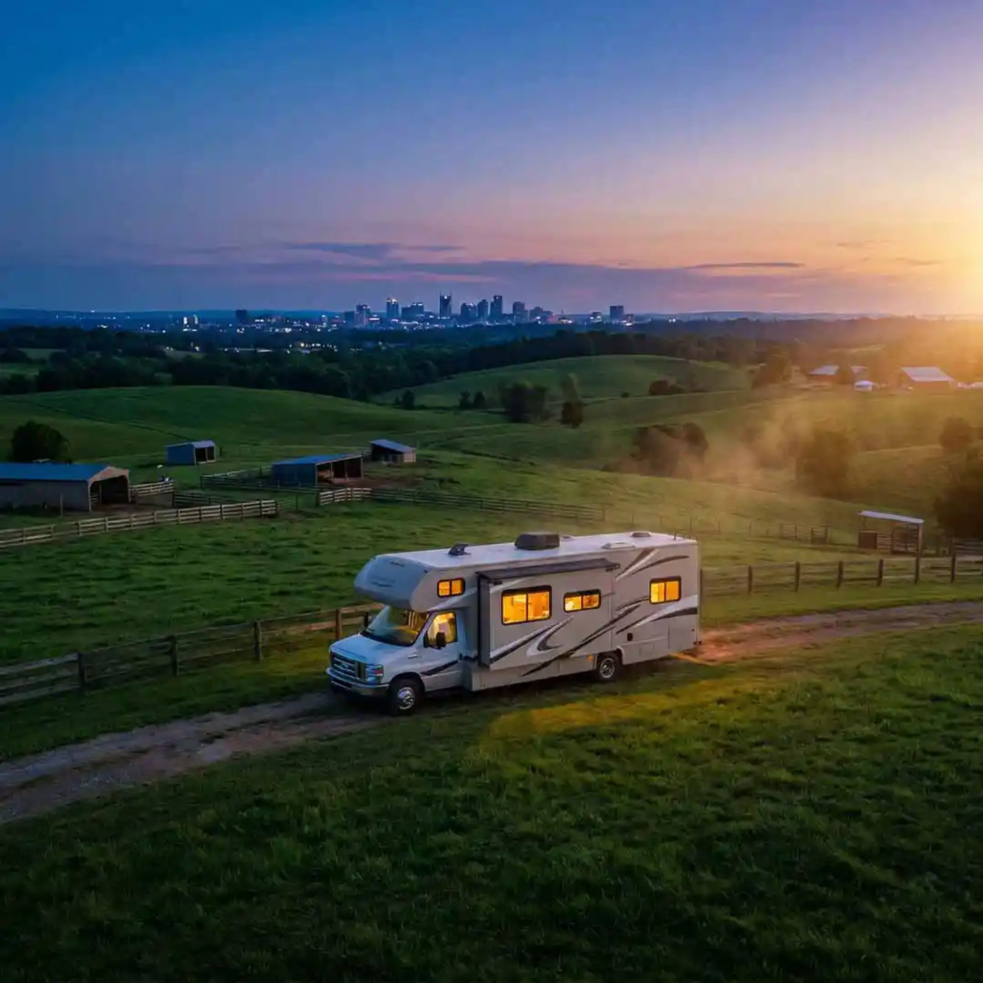 Campfire in the night sky with RV in the background