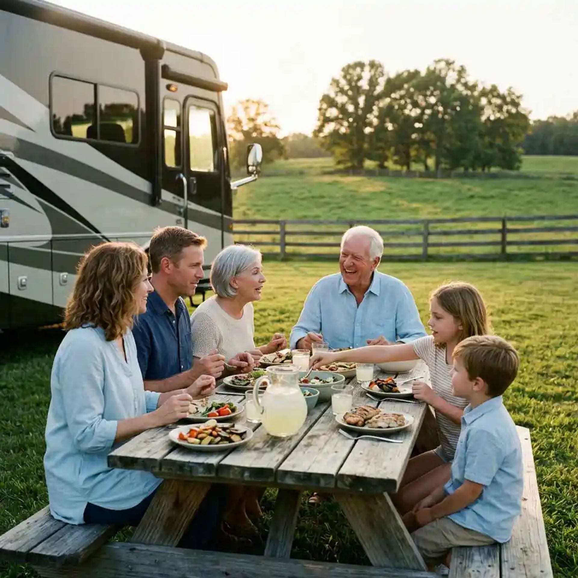Multi-generational family having dinner outdoors.