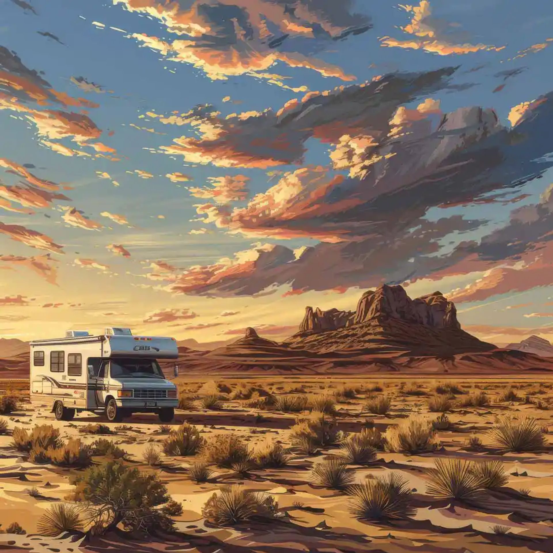 Illustration of RV in the Arizona desert during golden hour.