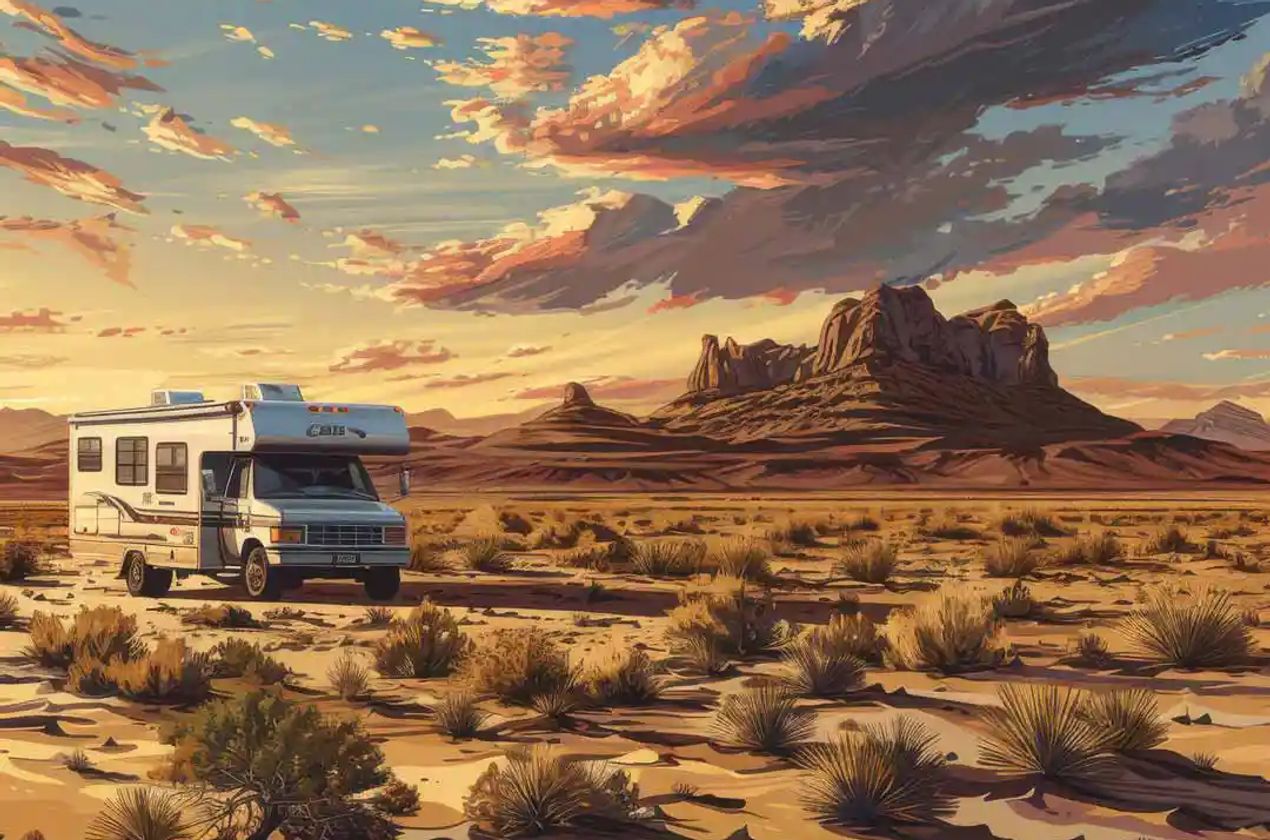 Illustration of RV in the Arizona desert during golden hour.