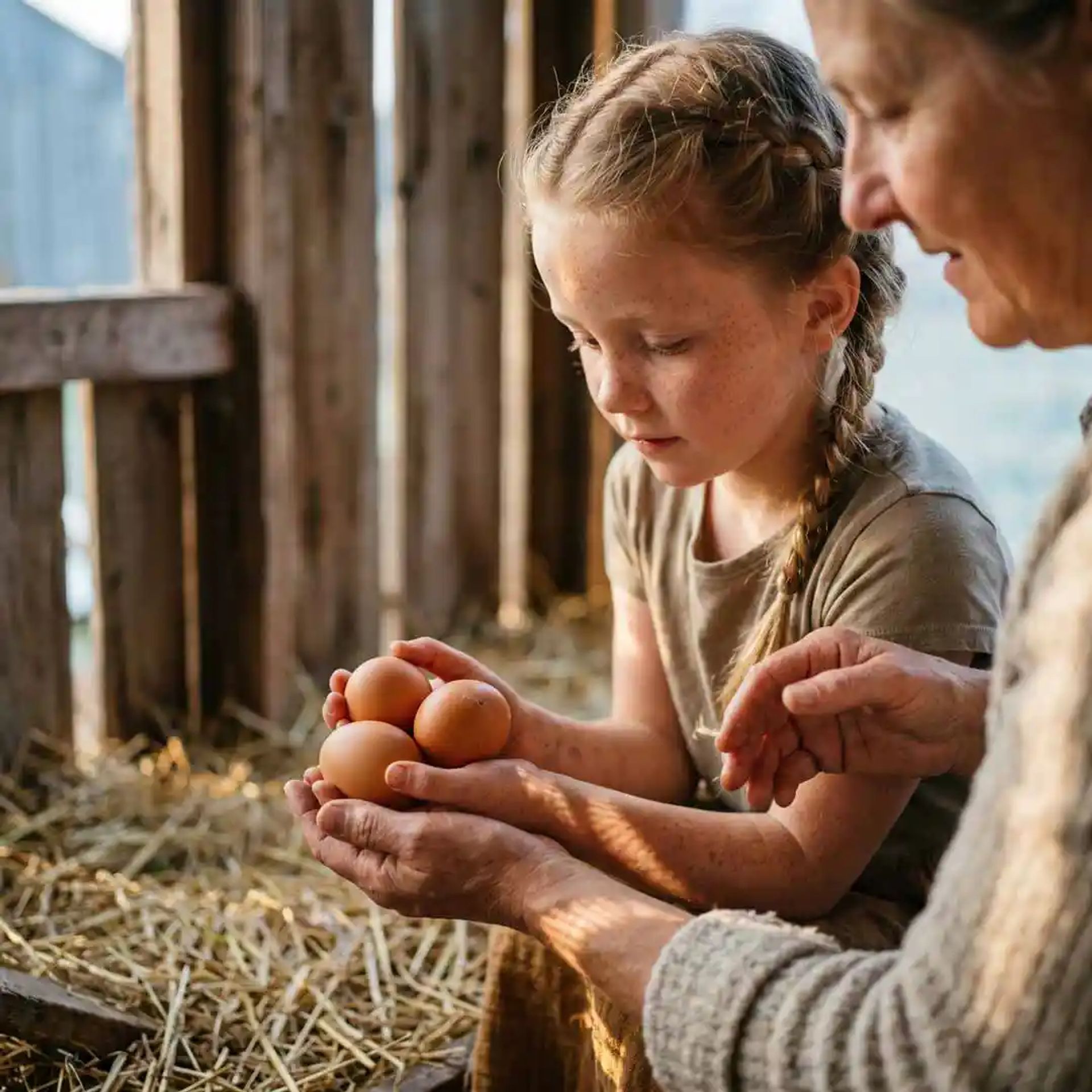 Little girl helping to get eggs from the chicken coop. 