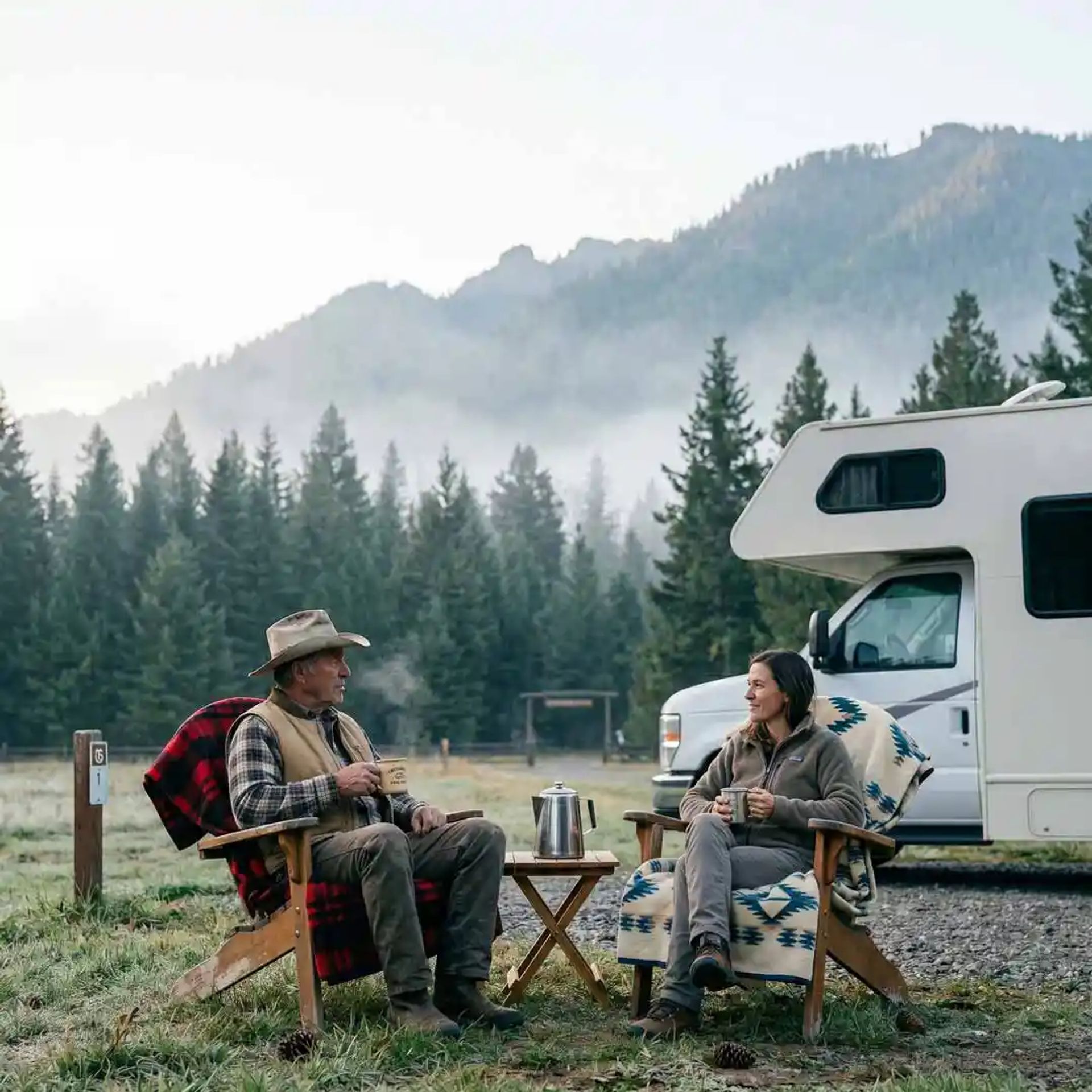 Host sharing with guest near the Tetons in the early morning.