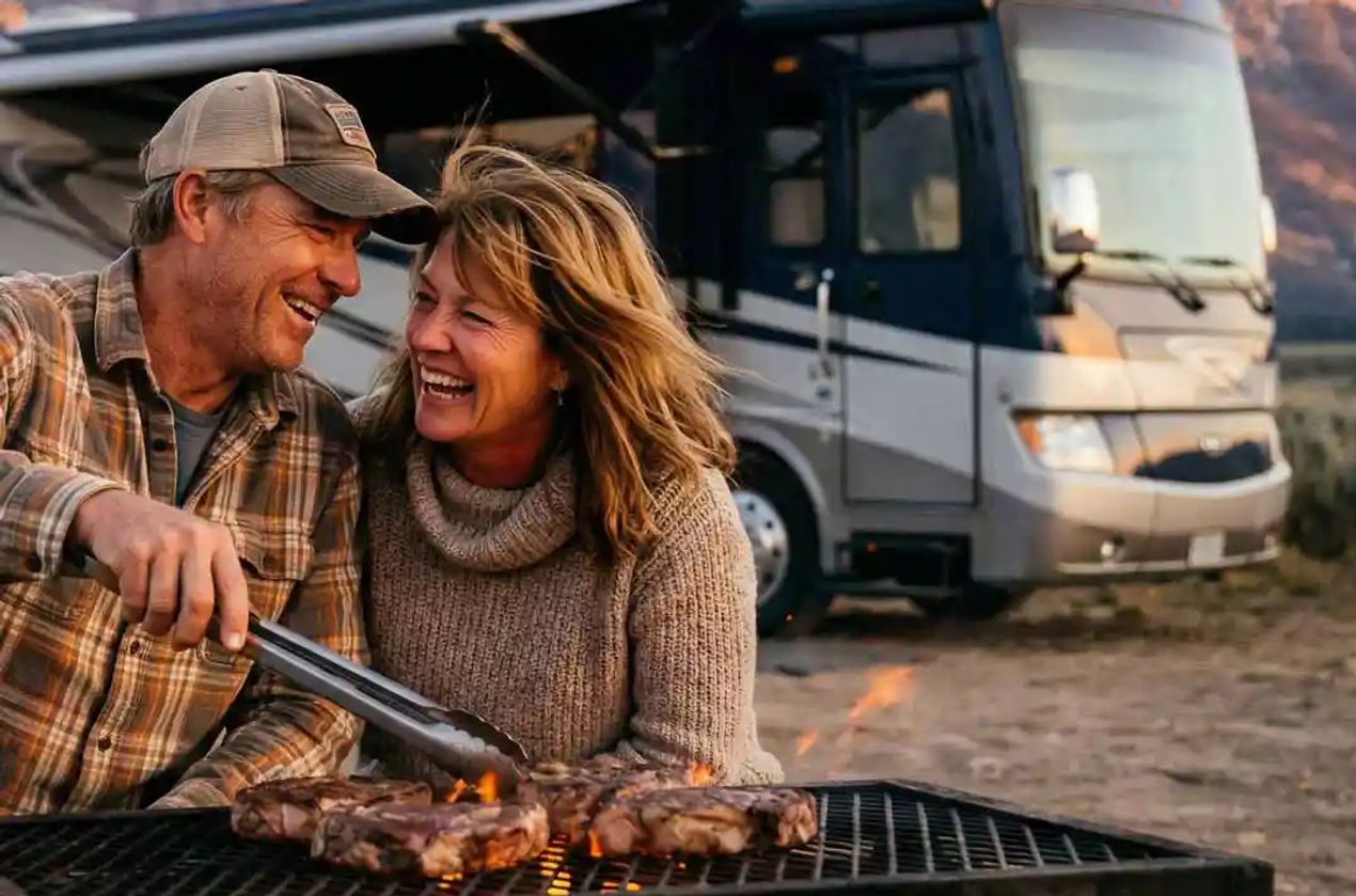 Couple cooking in front of their Class A RV