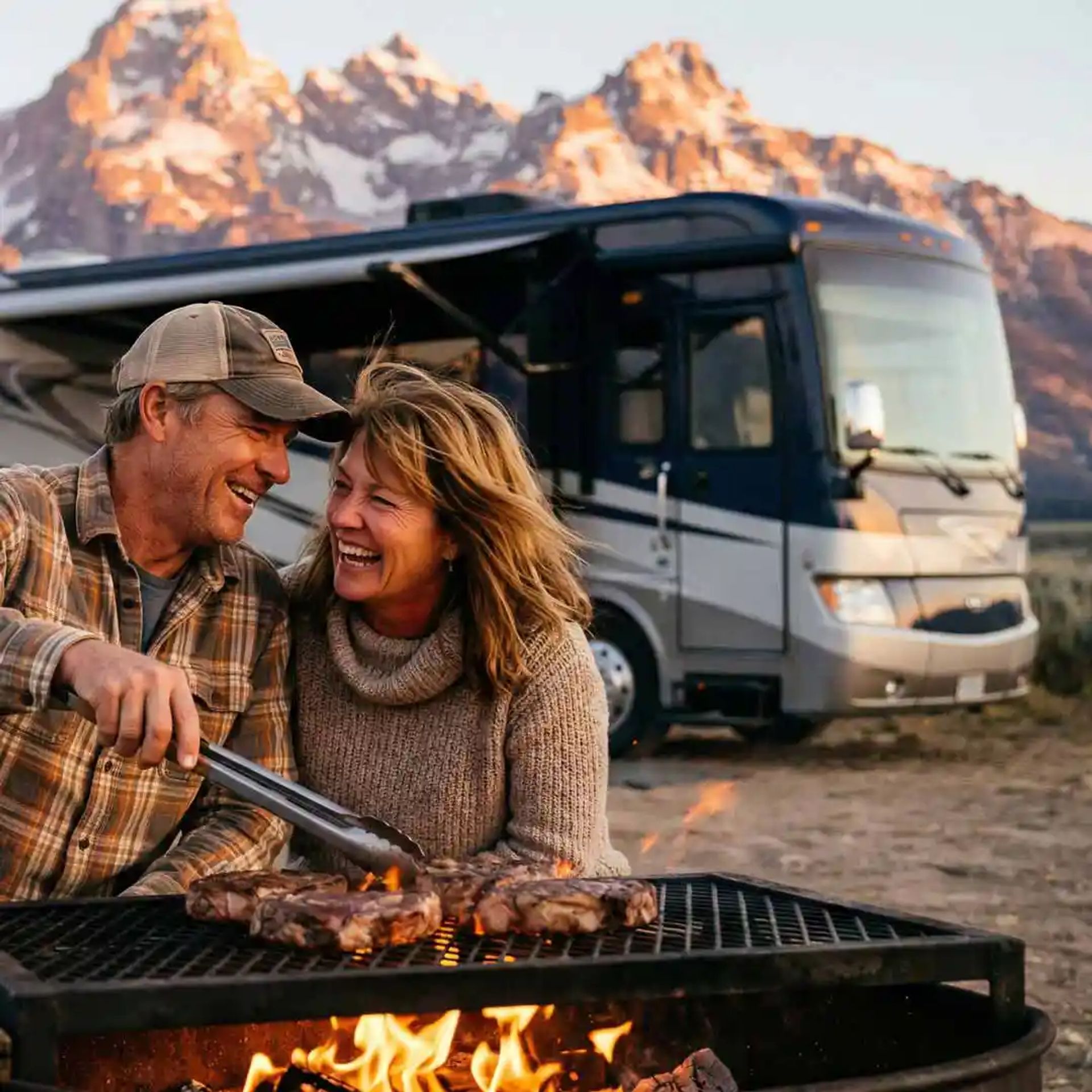 Couple cooking in front of their Class A RV