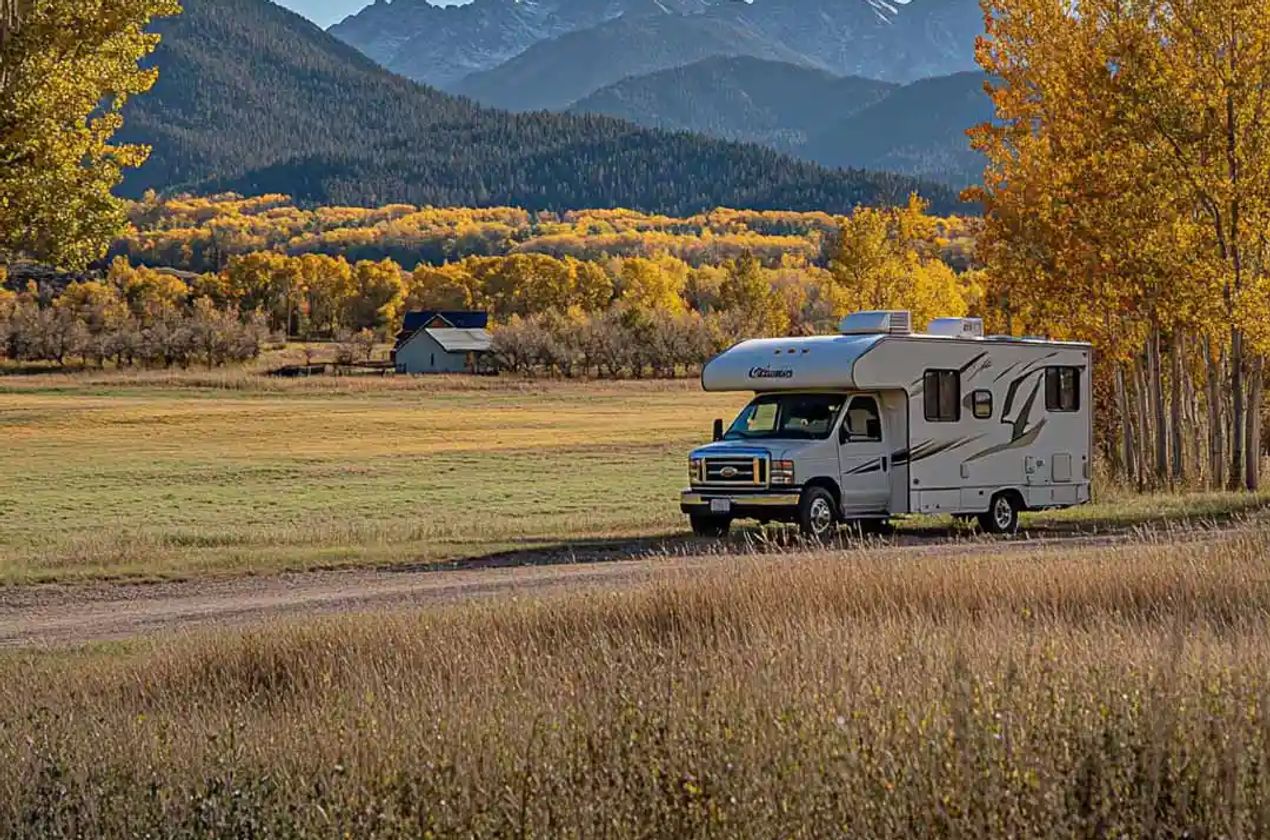 Class B RV camping on farm during the autumn months.