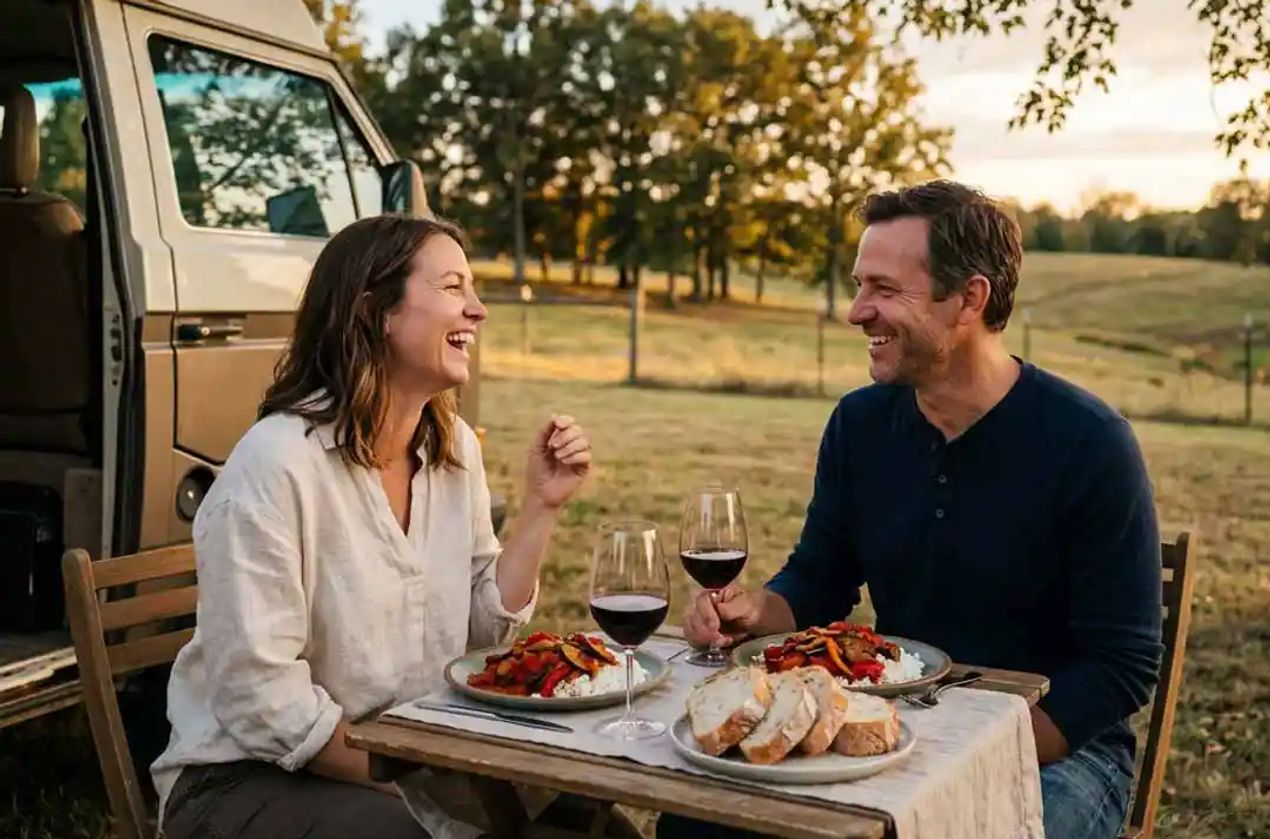 A couple enjoying dinner during their RV stay