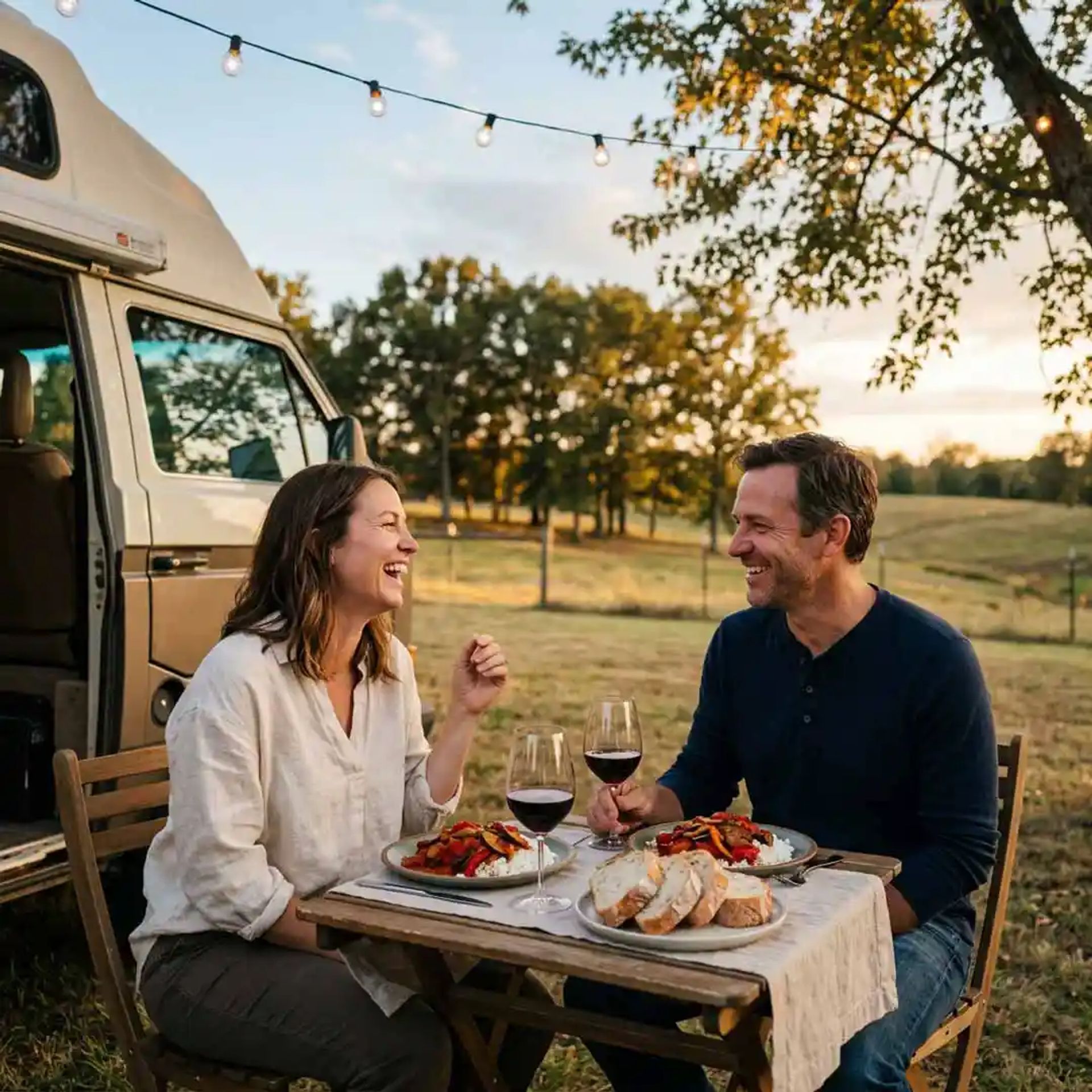 A couple enjoying dinner during their RV stay
