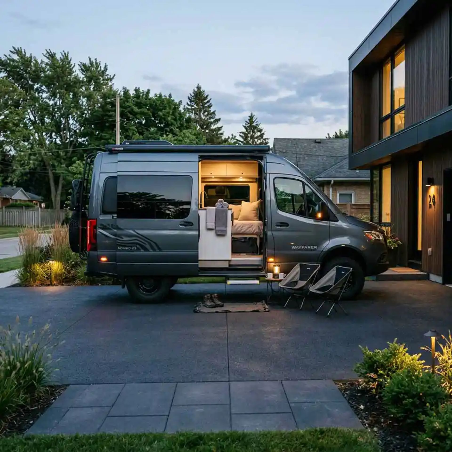Class B RV parked at a modern home in a neighborhood.