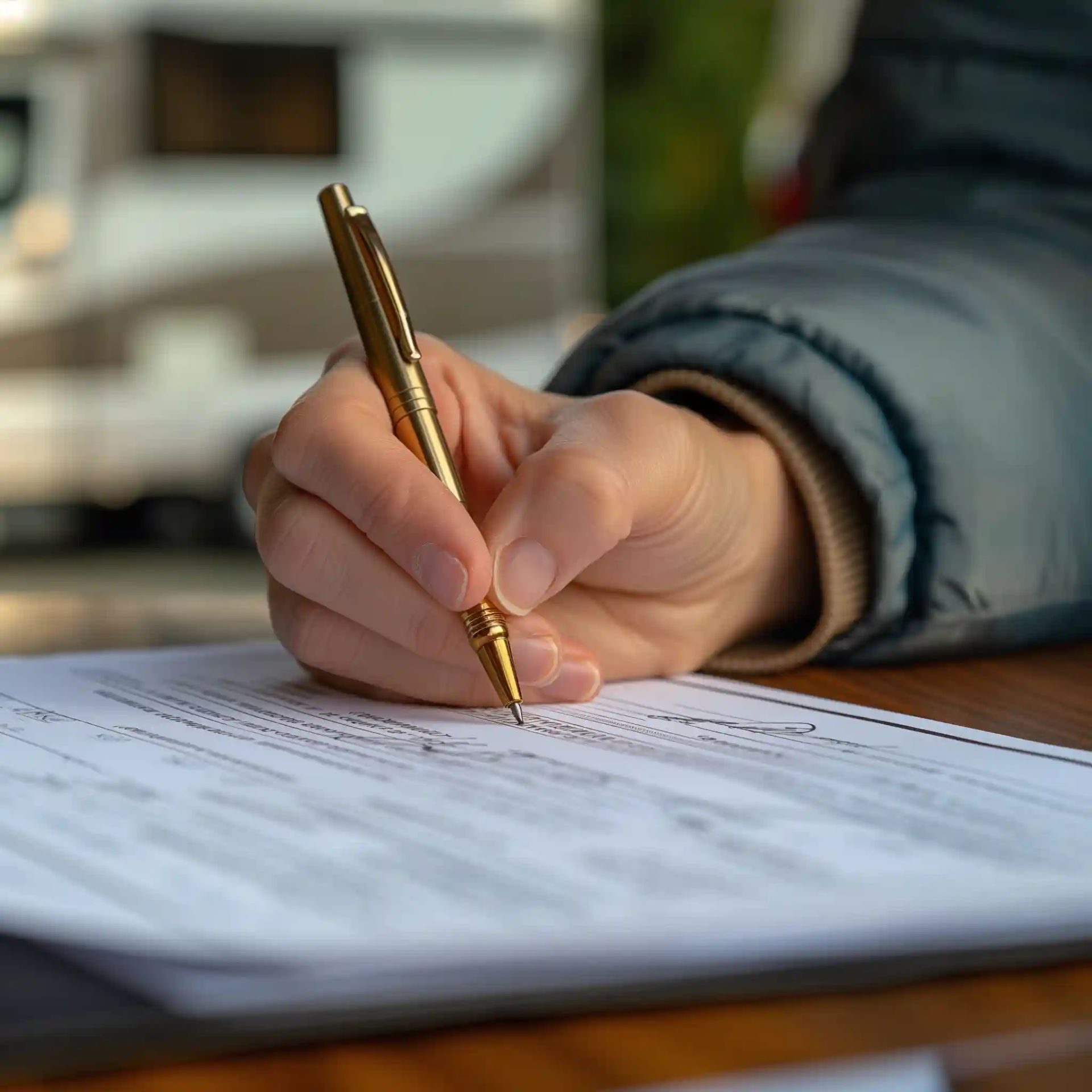 Person signing a RV rental agreement