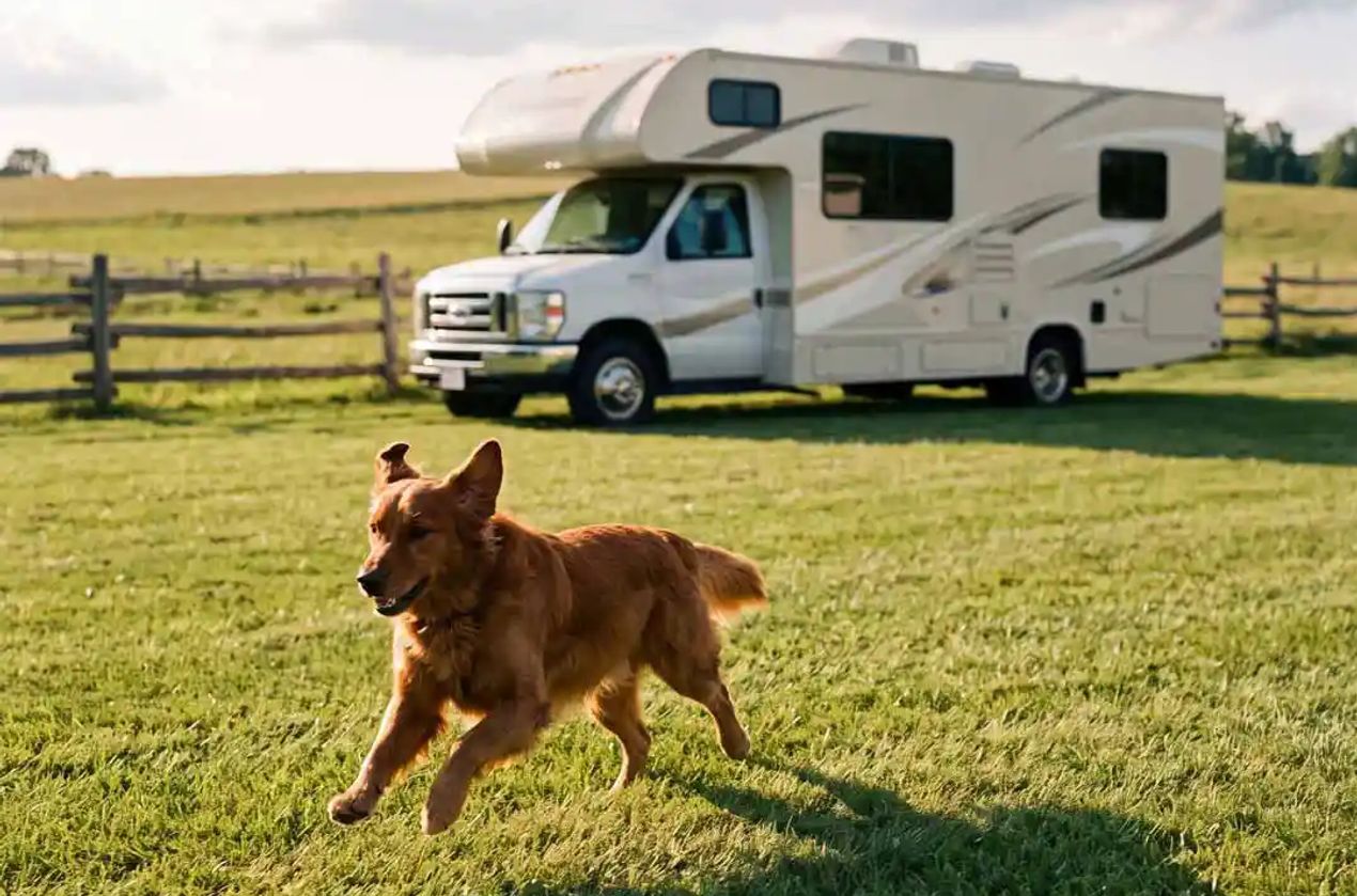 A dog running through an open field with a Class C RV in the background.