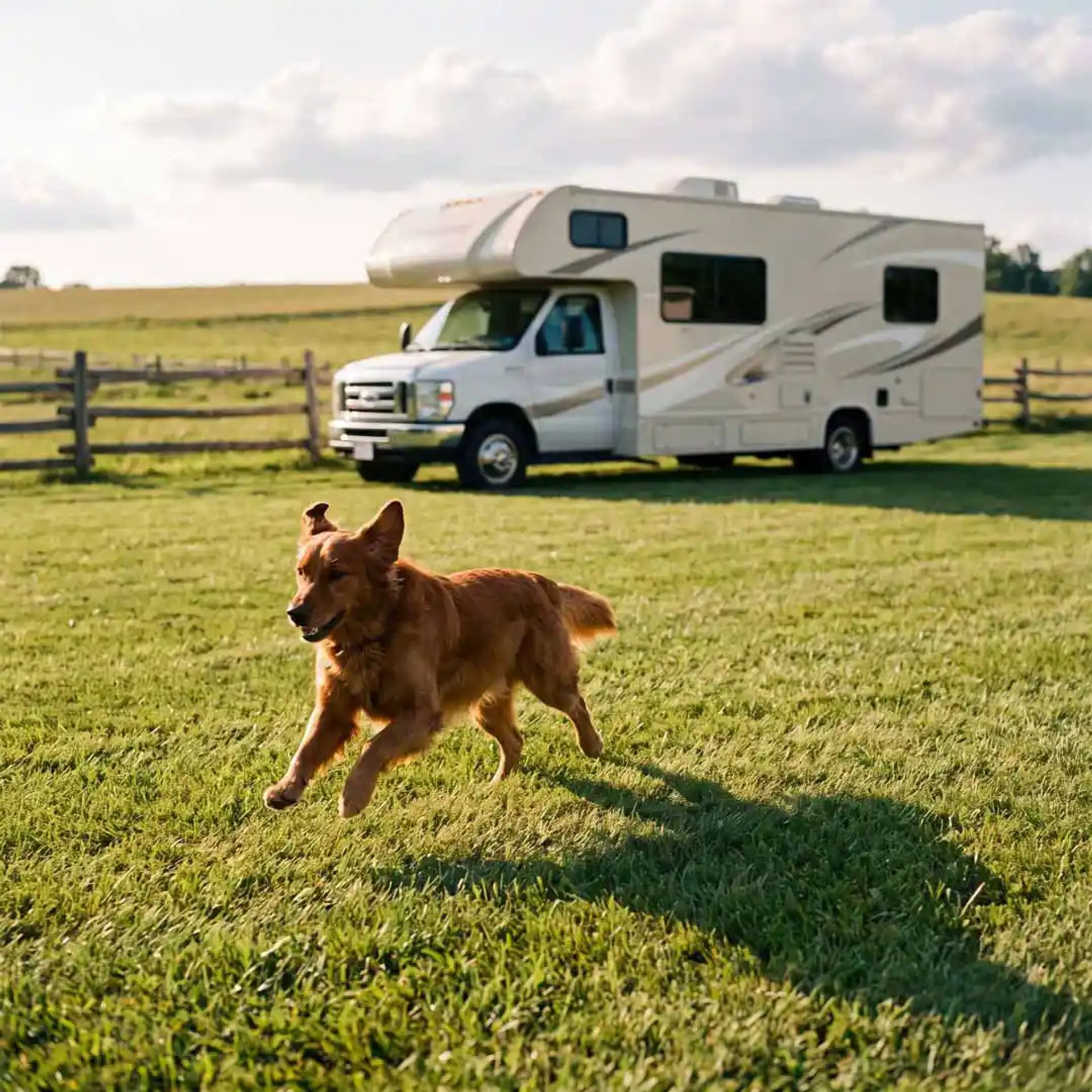 A dog running through an open field with a Class C RV in the background. 