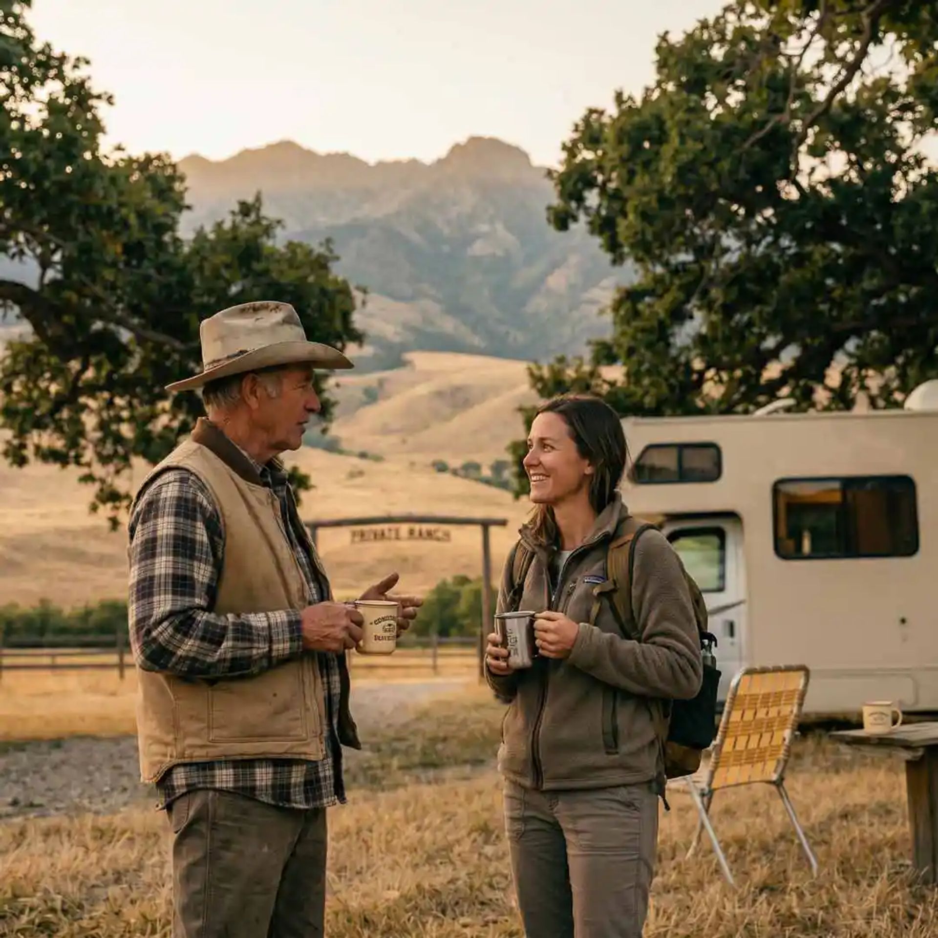 Host and guest having a conversation over morning coffee.