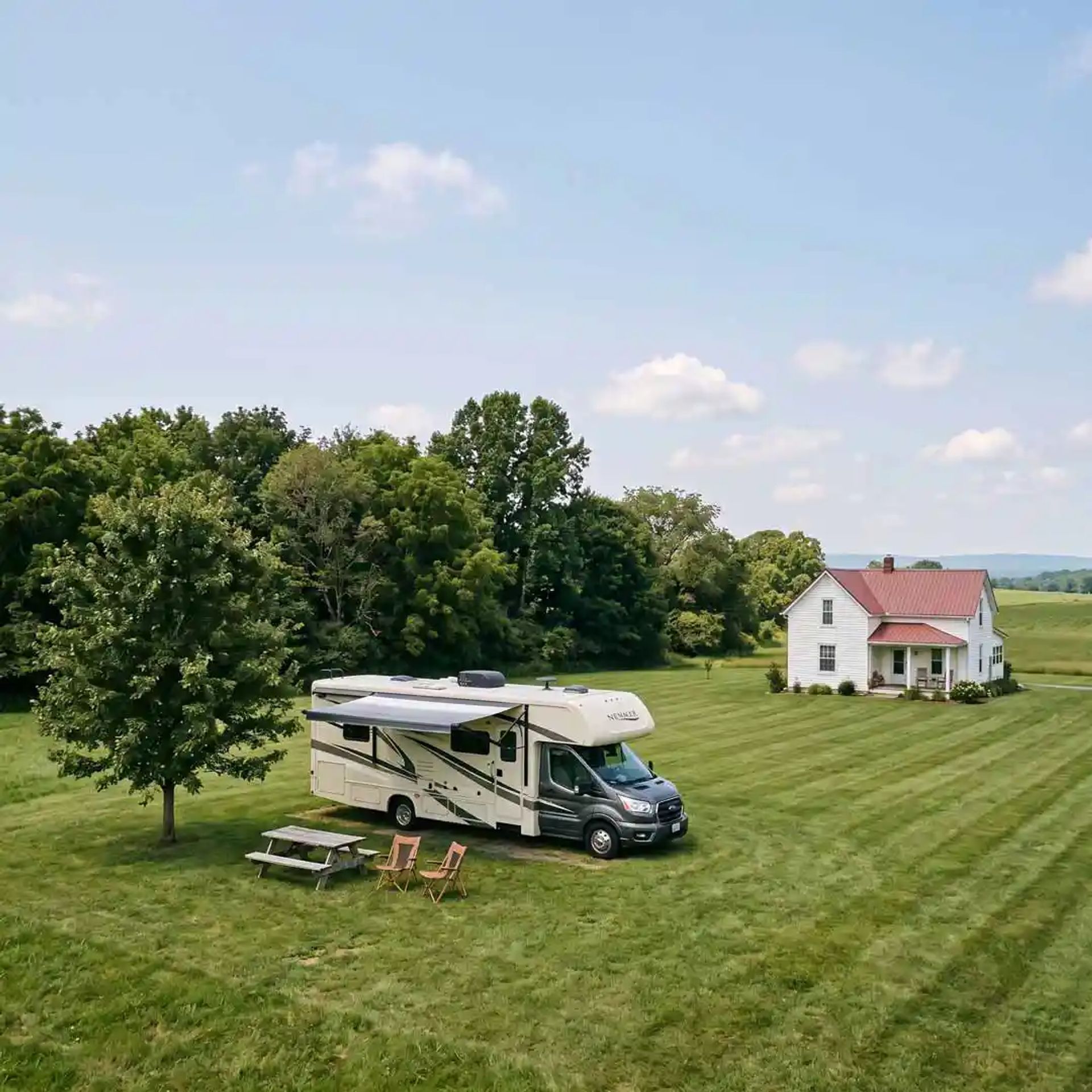Class C RV parked in a field.