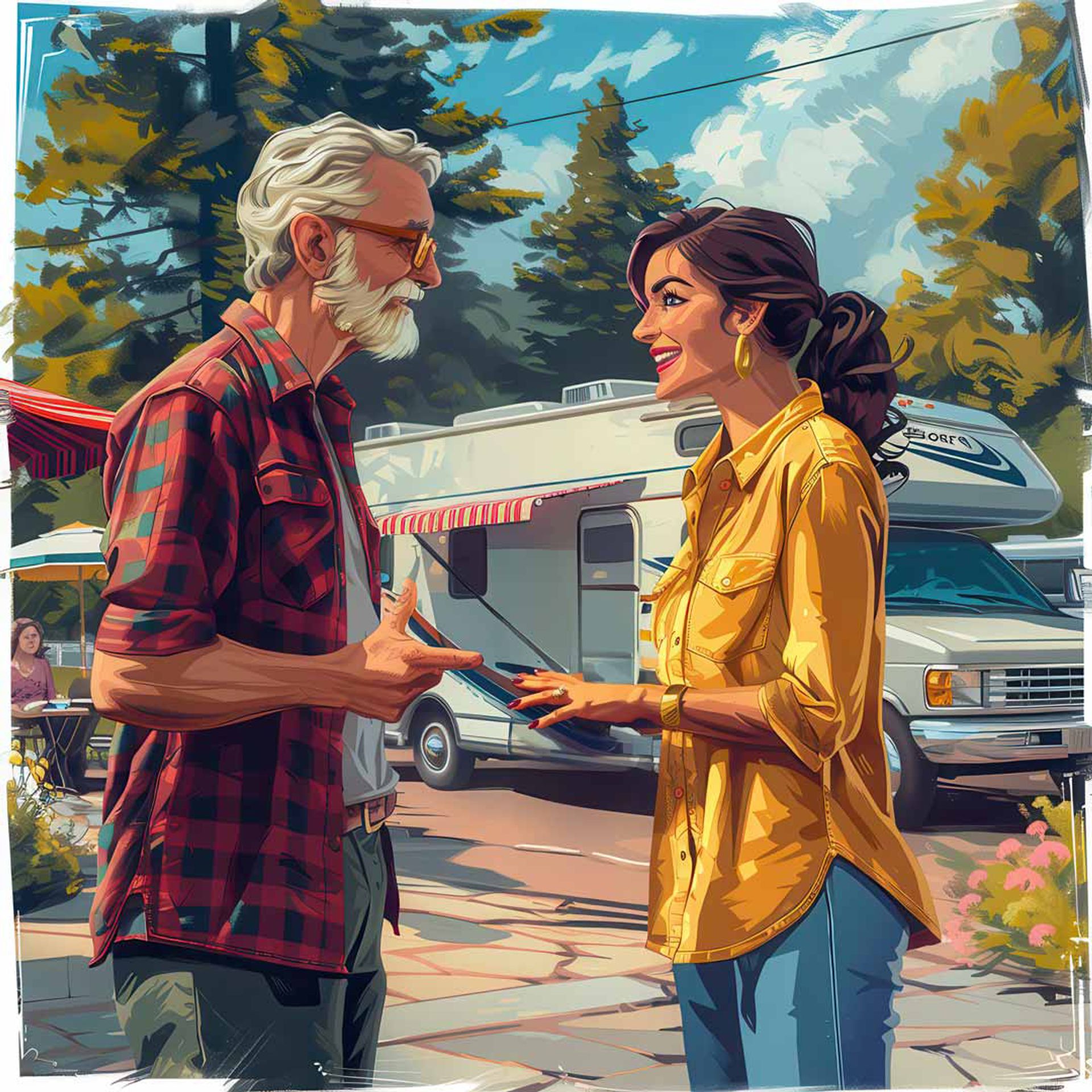 Illustration of man and woman talking in front of an RV. 
