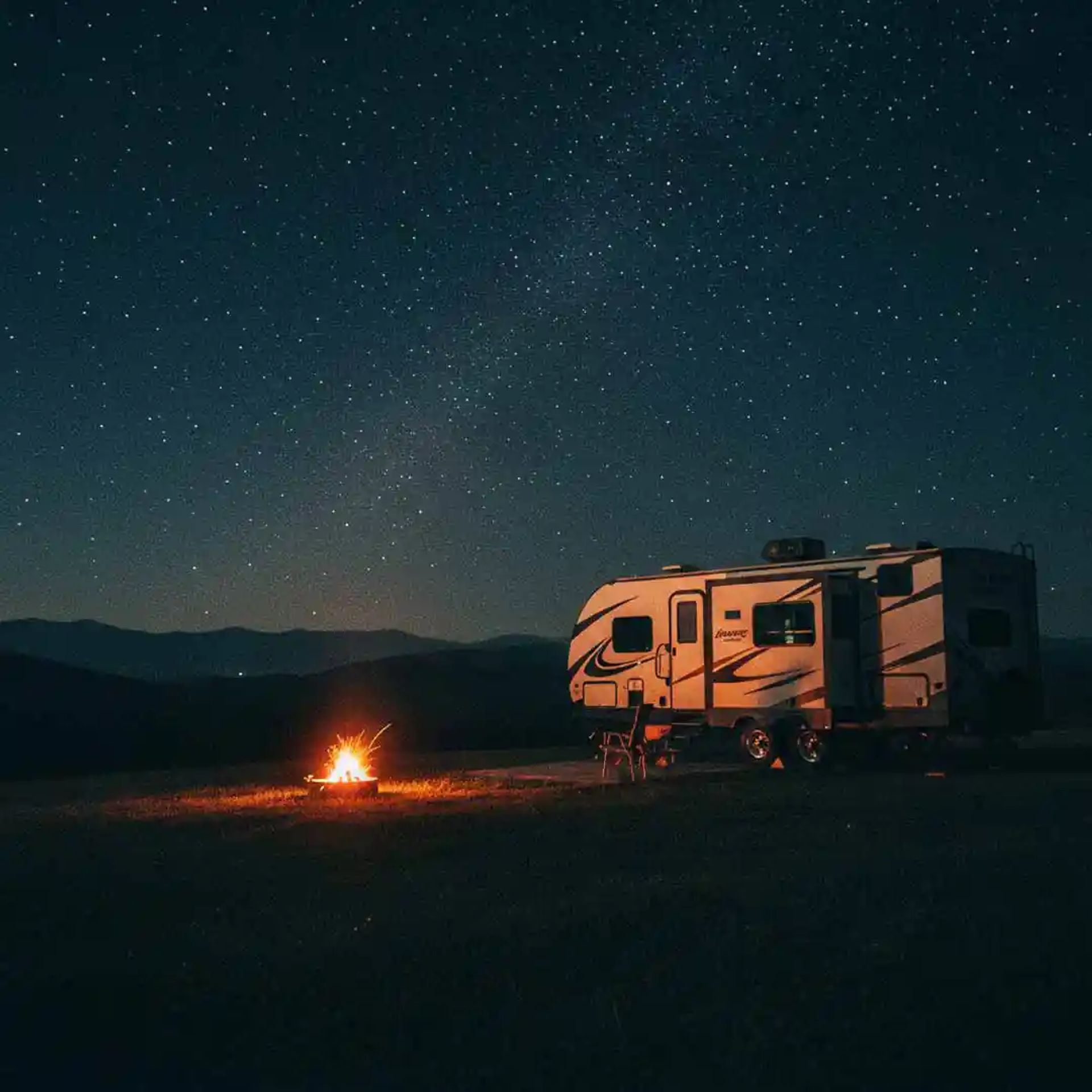 Travel trailer RV under a starry night