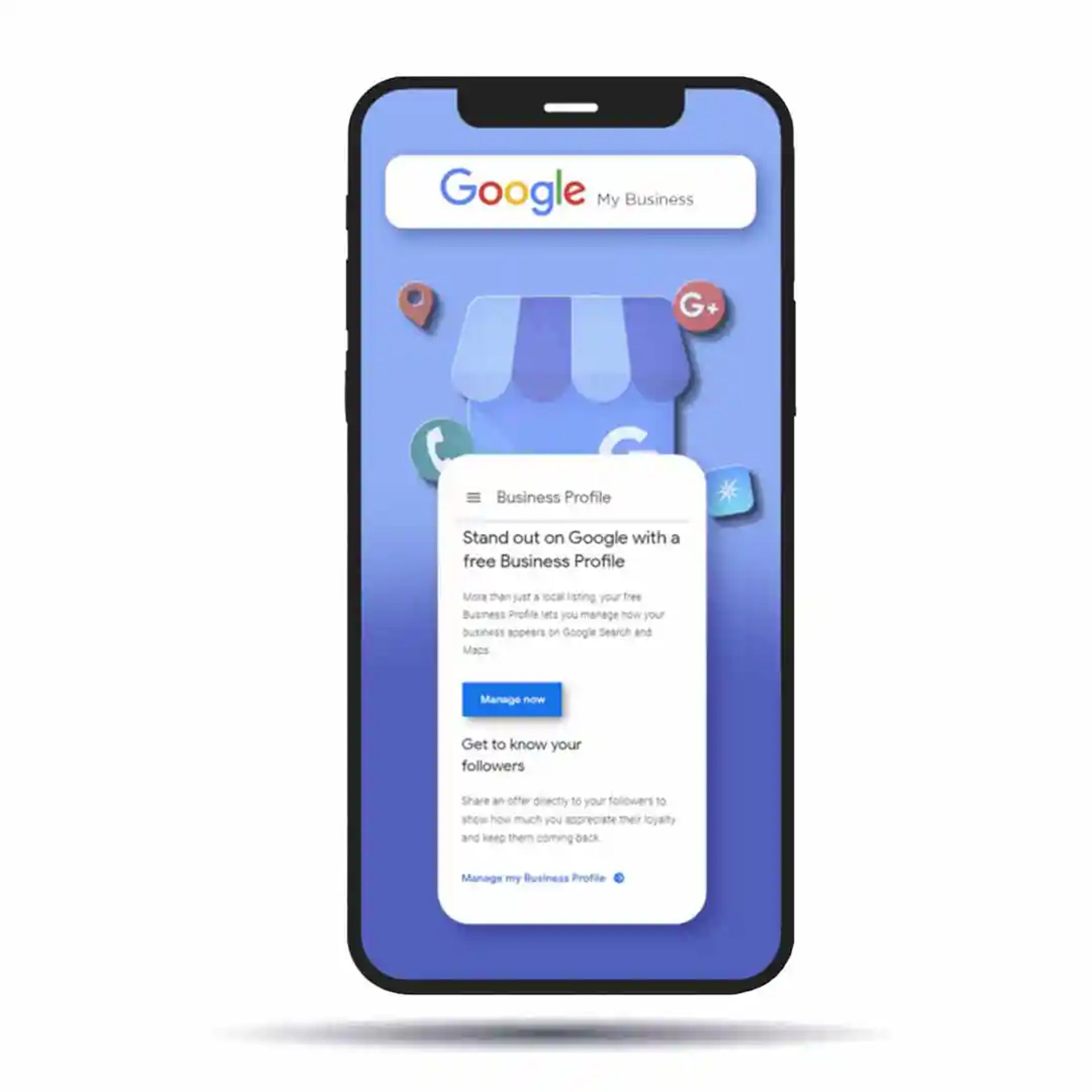 Cell phone displaying Google Business Profile on the screen