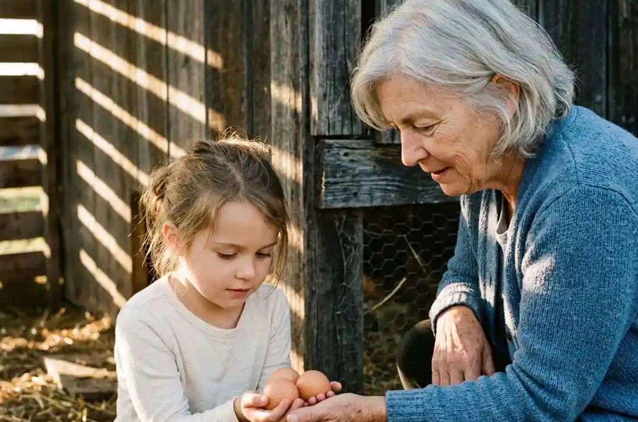A grandmother and grand-daughter collecting eggs.