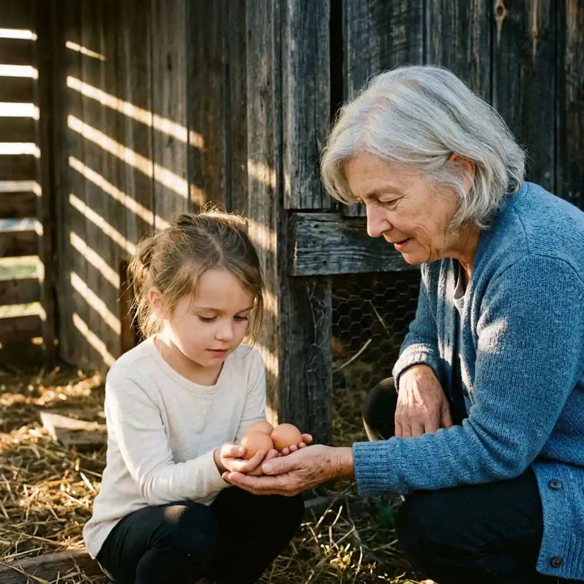 A grandmother and grand-daughter collecting eggs. 