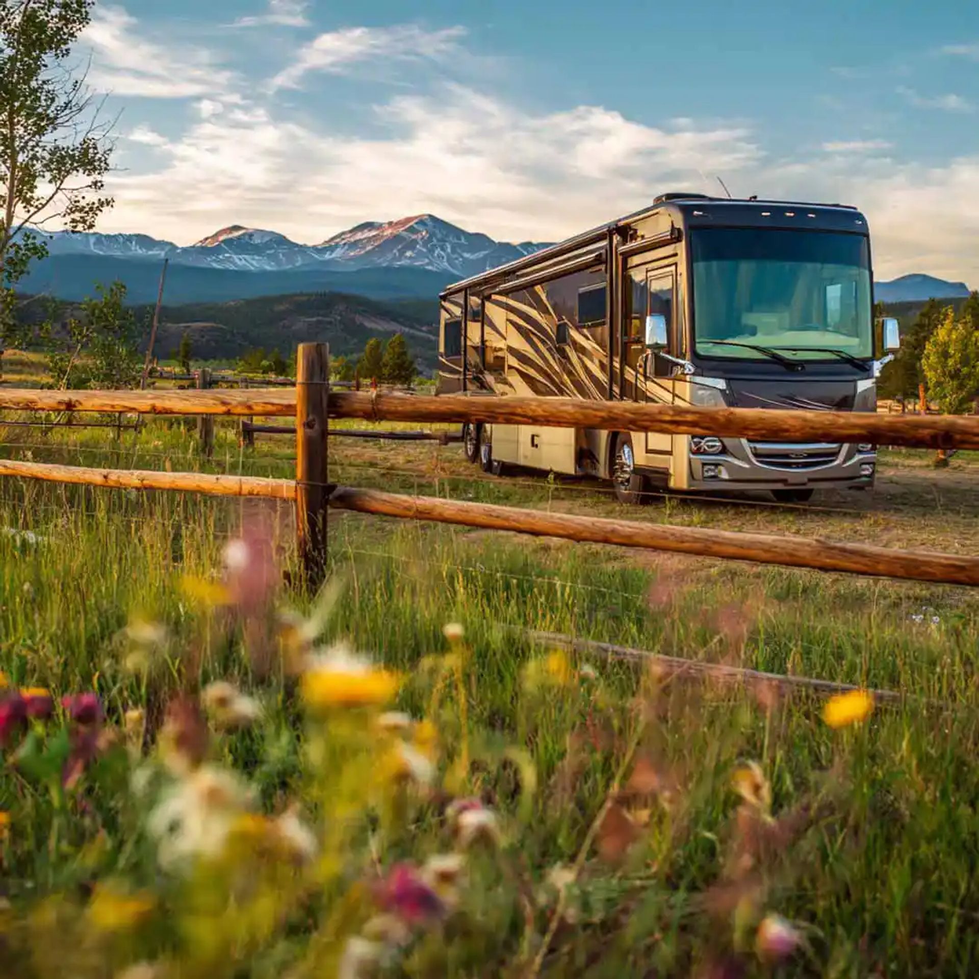 Class A RV at a ranch in the country. 