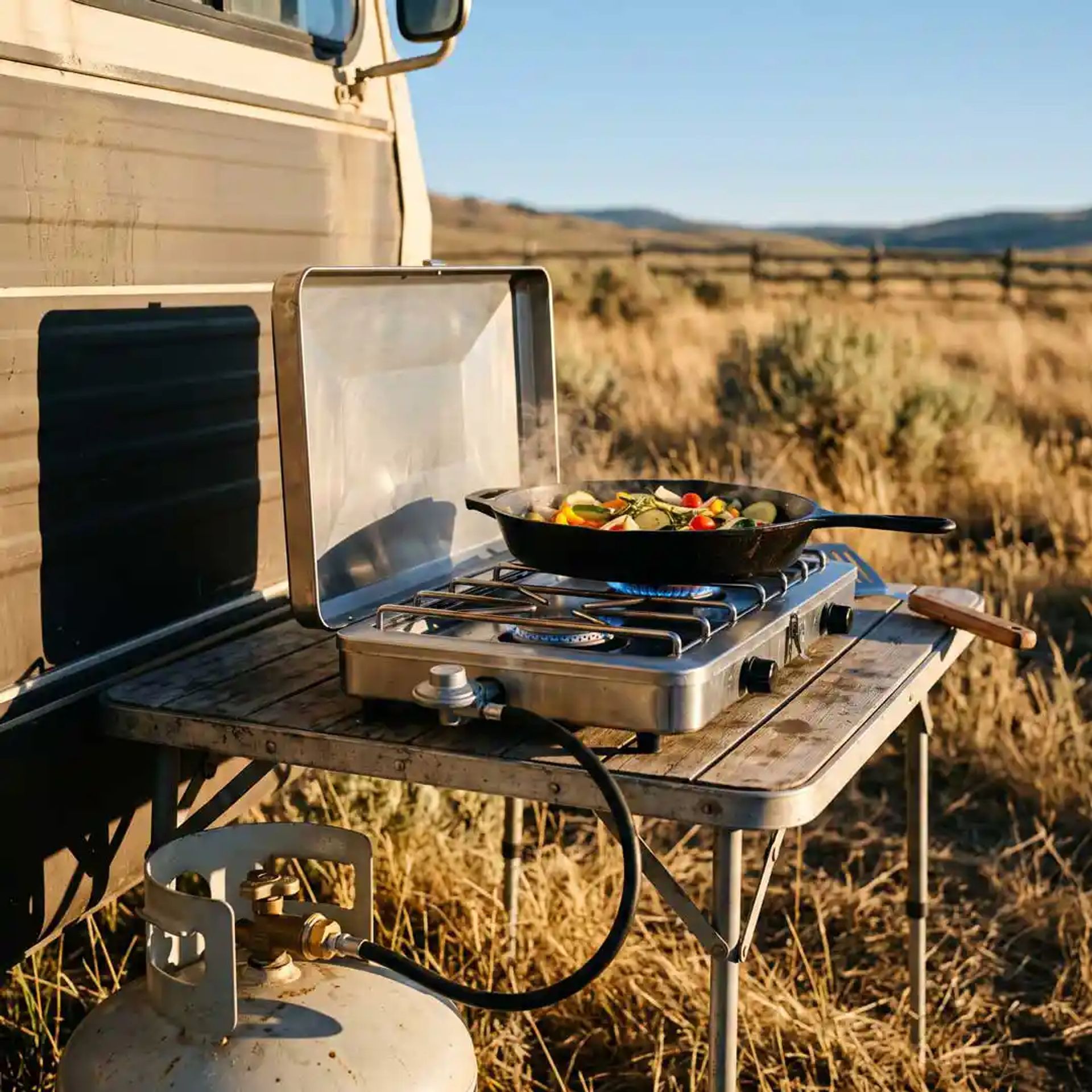 Propane burner outside of the RV.