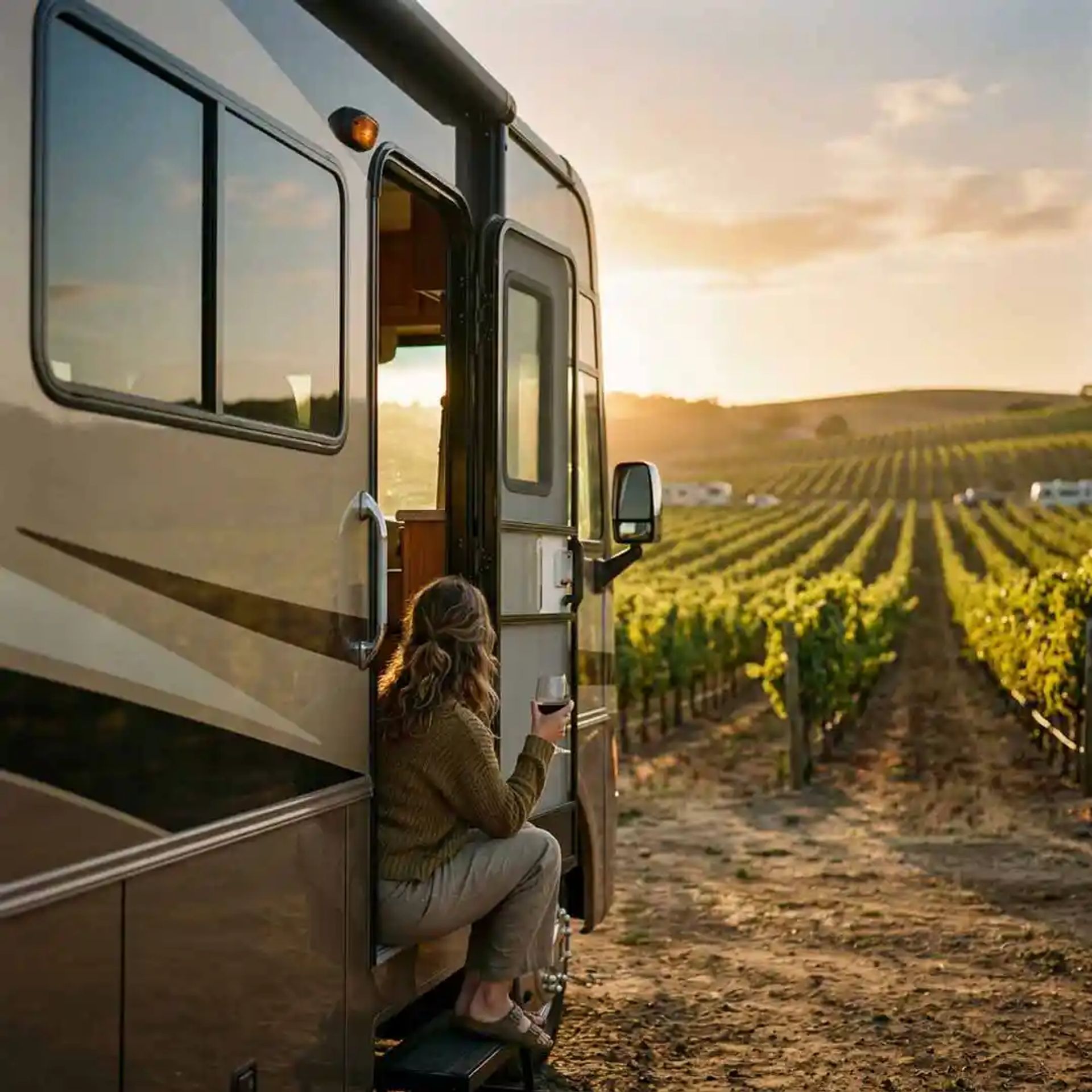 Lady having wine sitting out her Class A RV at a vineyard.