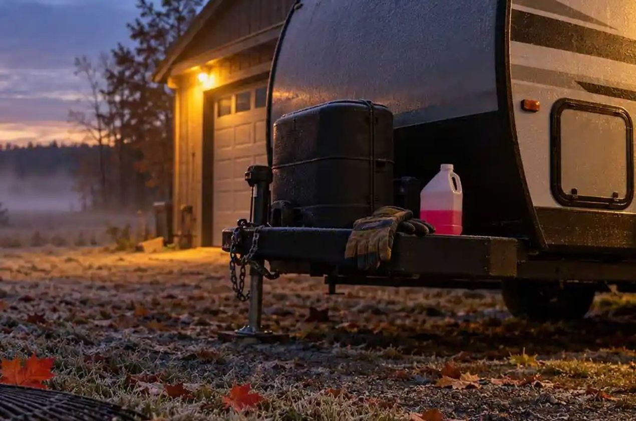 Frosty fall morning with an RV.