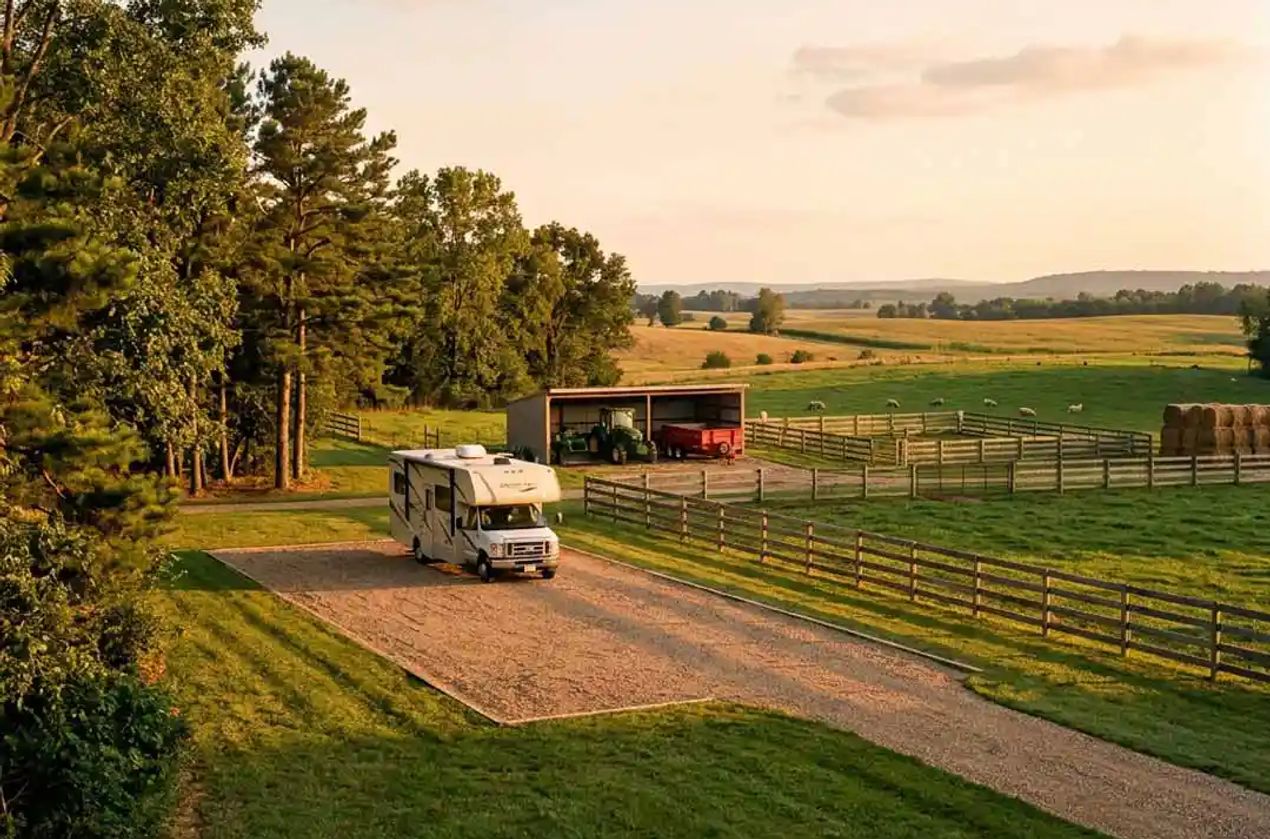 Class C parked at a farm on a gravel pad