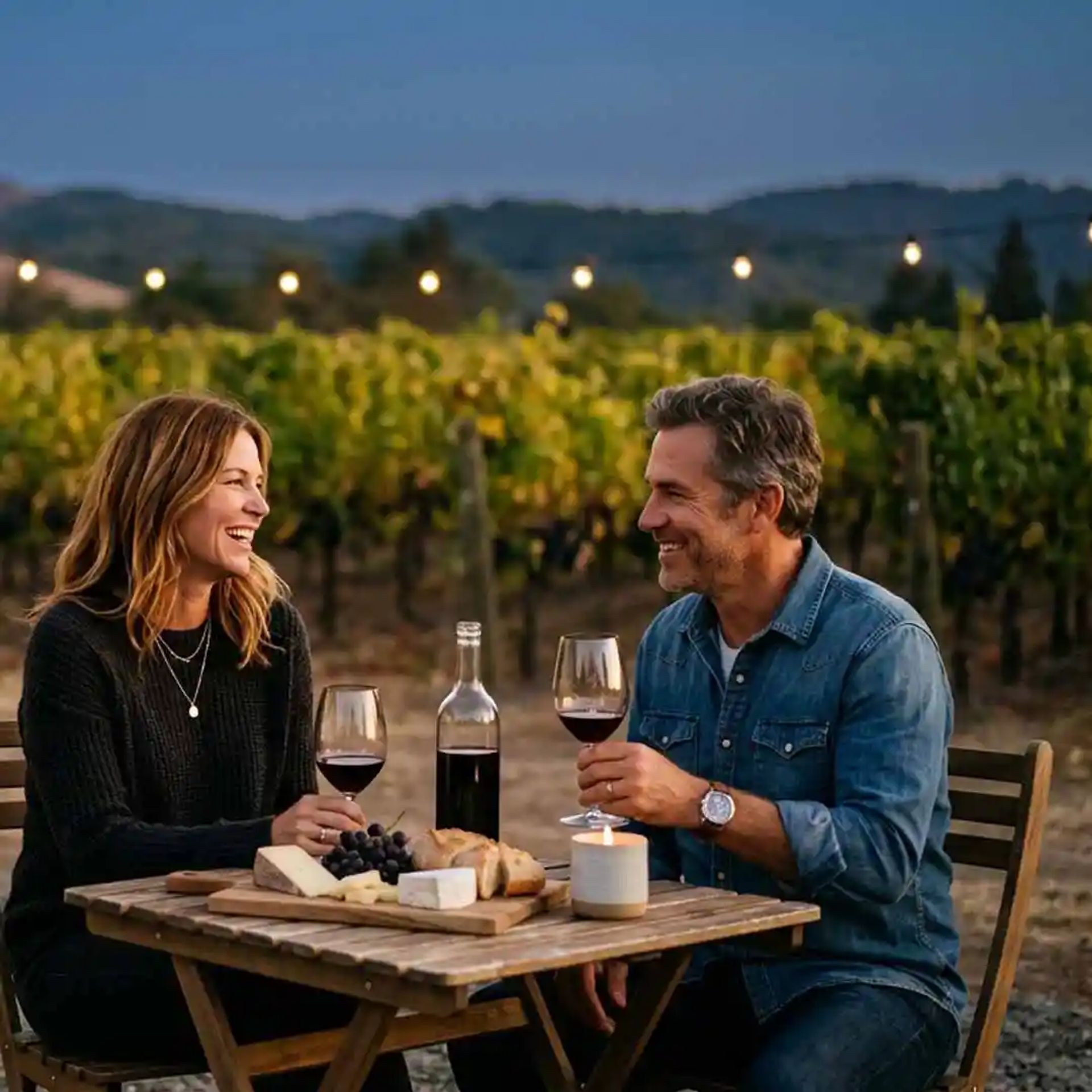 A couple enjoying a late summer evening dinner at a vineyard