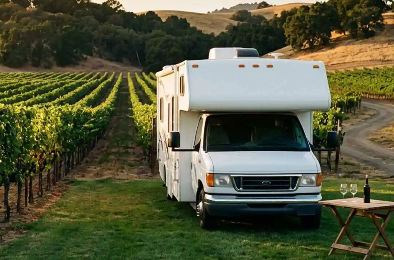 Class C RV parked at a vineyard in Washington