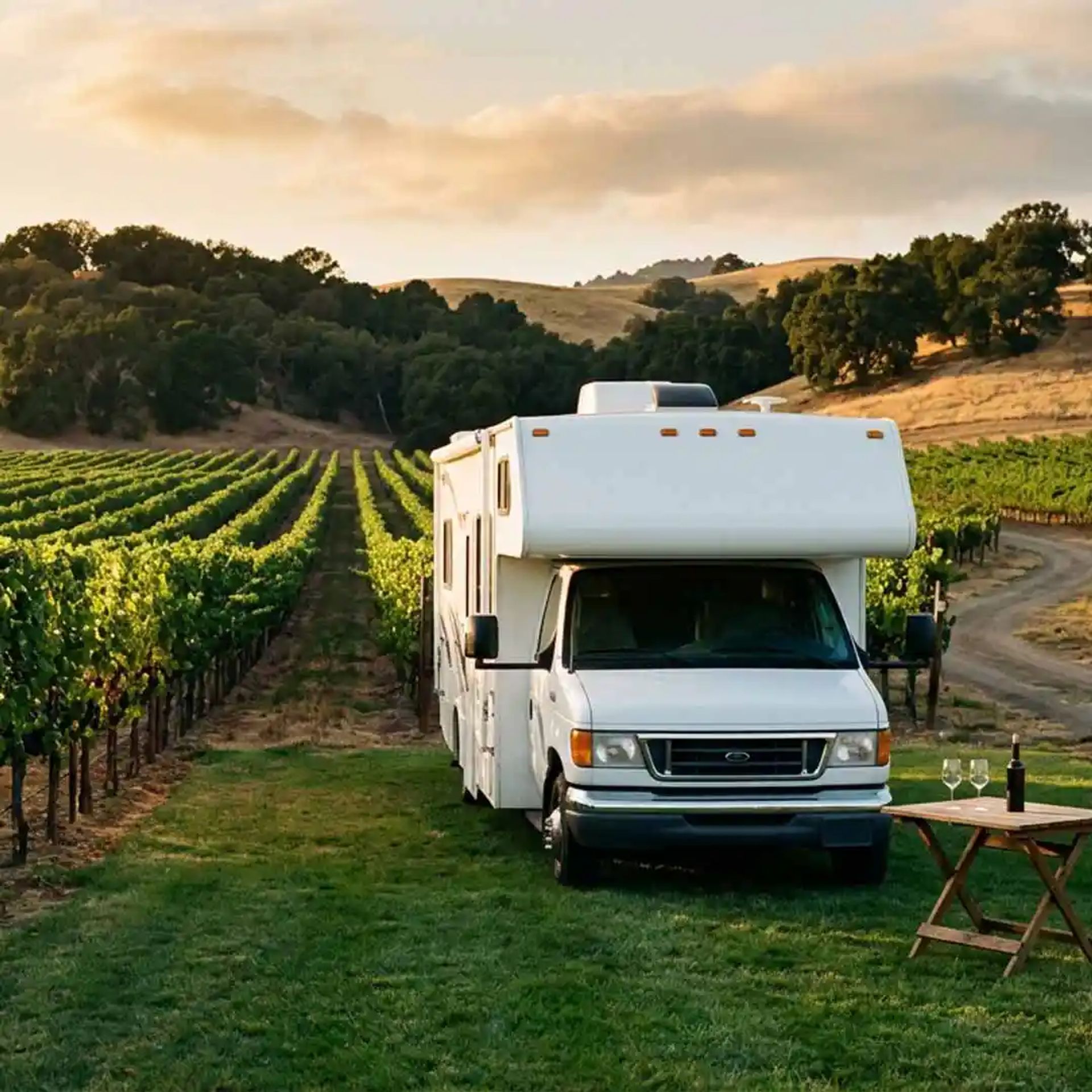 Class C RV parked at a vineyard in Washington