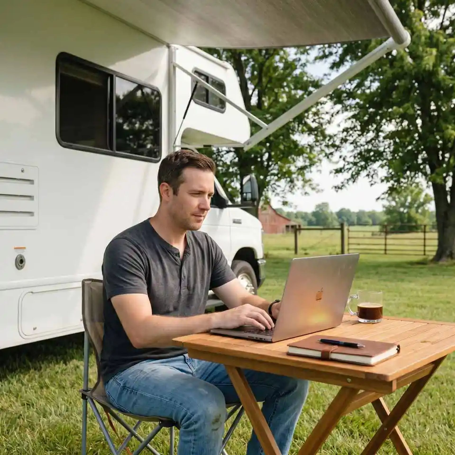RVer working outside with his remote job.