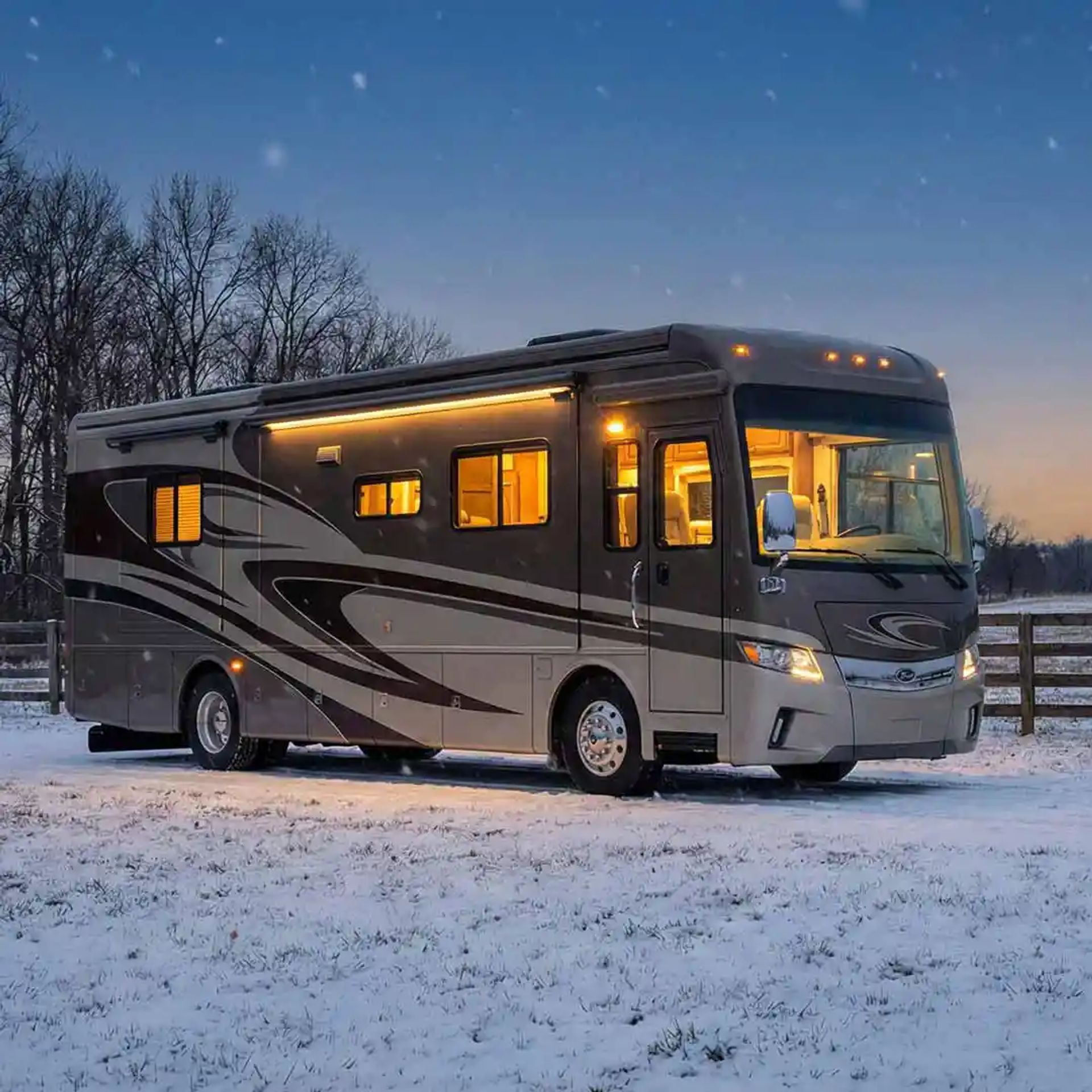 Class A RV parked in the snow at a CurbNTurf Host property.