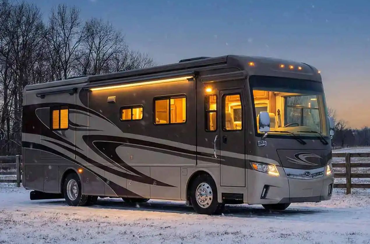 Class A RV parked in the snow at a CurbNTurf Host property.