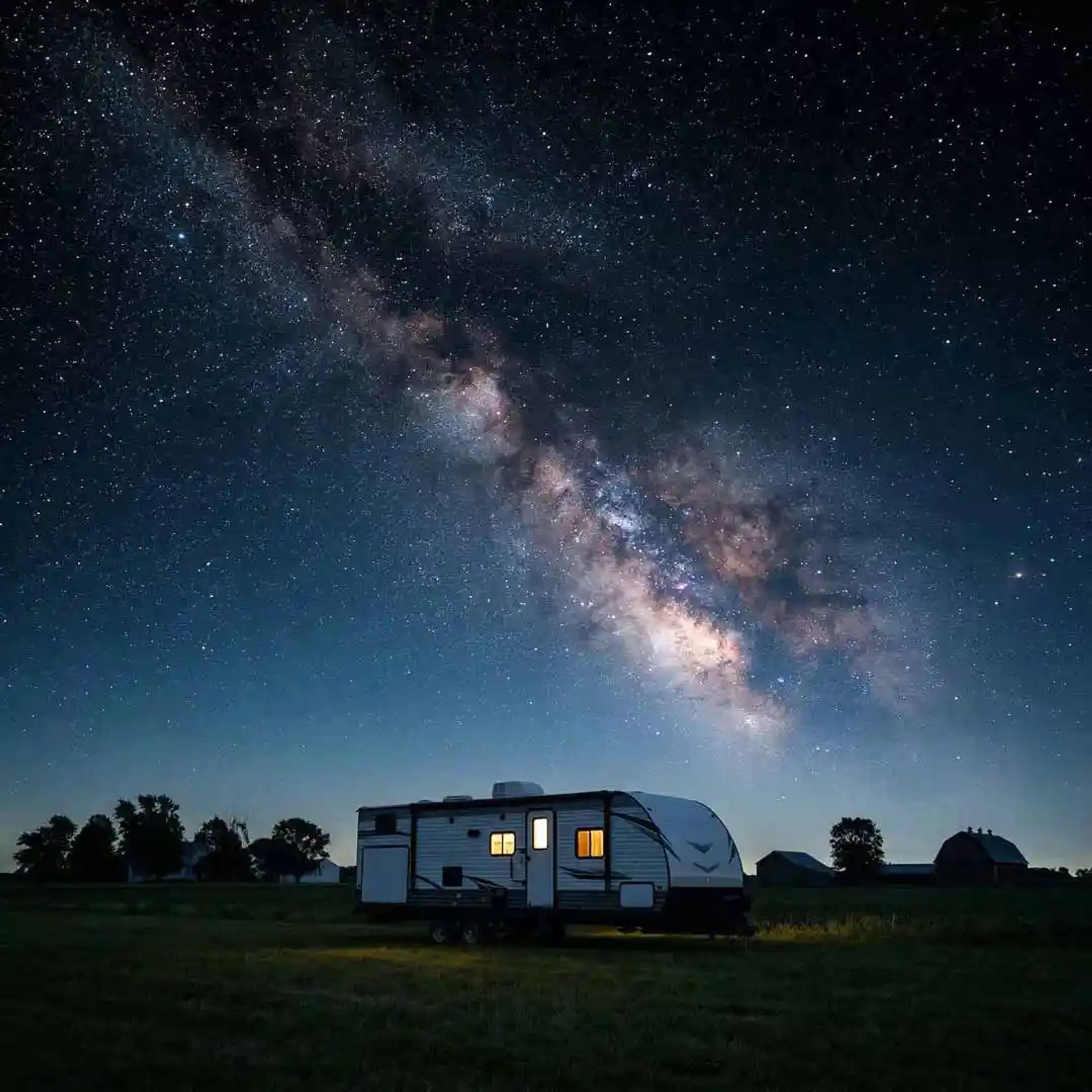 Travel trailer camping under a starry night at a farm. 
