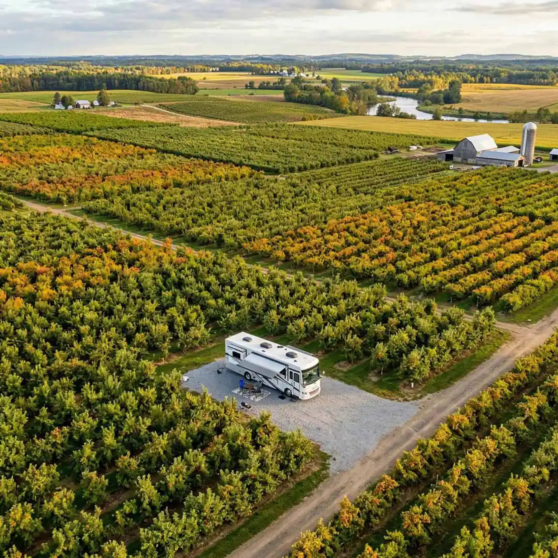 Class C RV staying at an orchard 