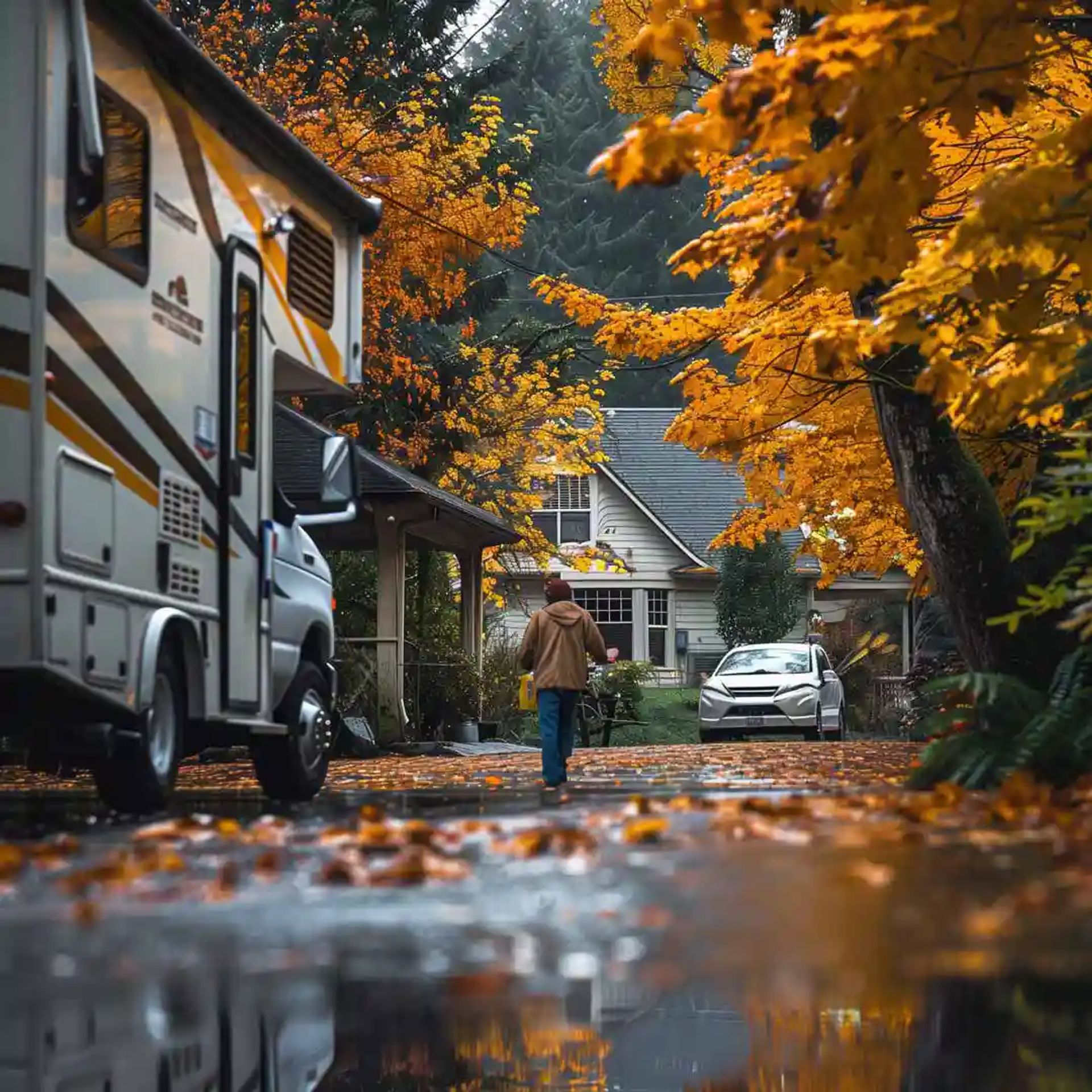 RV parked on a street on an autumn day. 