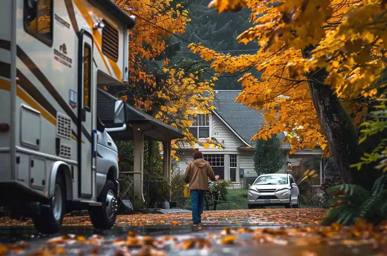 RV parked on a street on an autumn day. 